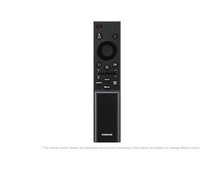 Czarny pilot TV Samsung z licznymi przyciskami i ikonami aplikacji.
