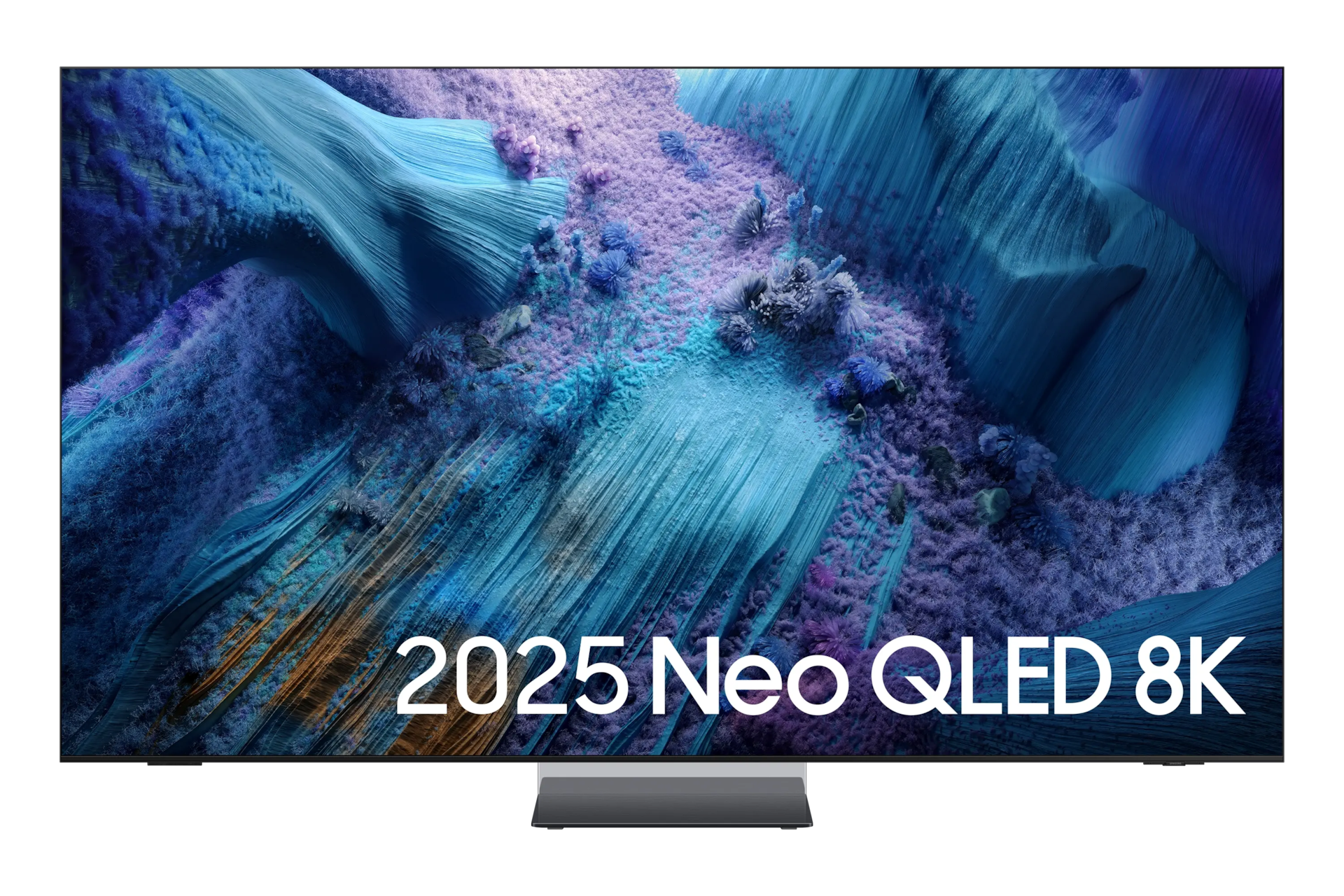 Nowoczesny telewizor 8K wyświetla abstrakcyjny, niebiesko-fioletowy krajobraz.