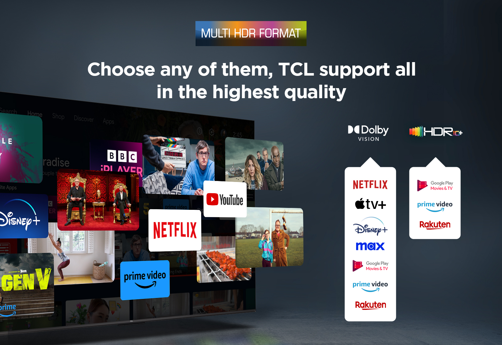 Ekran telewizora TCL wyświetla loga aplikacji, takich jak Netflix, YouTube, Disney+. Format Multi HDR.