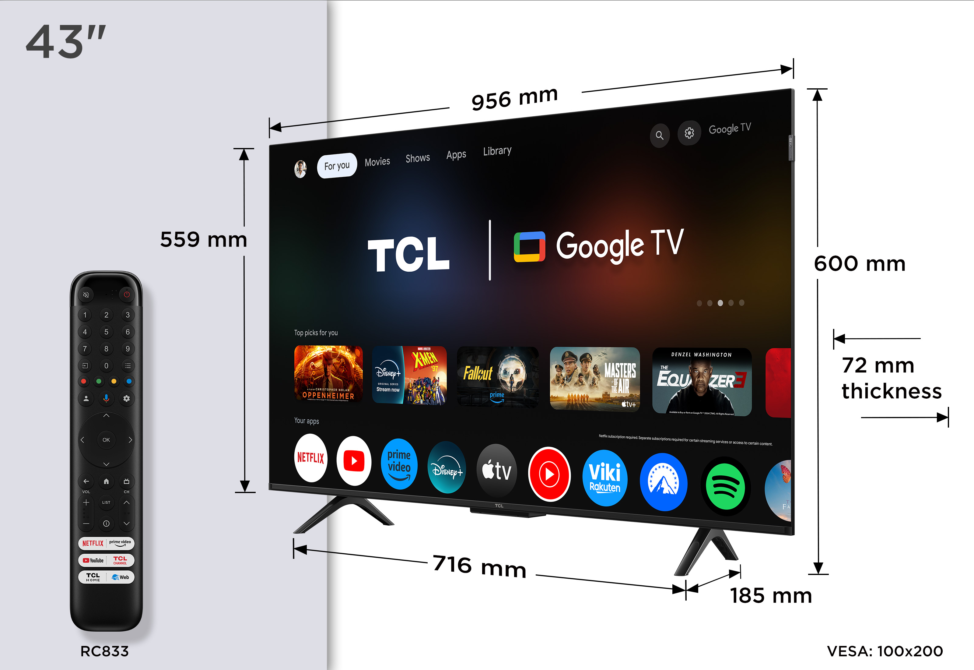 43-calowy telewizor TCL Google TV z pilotem i wymiarami.