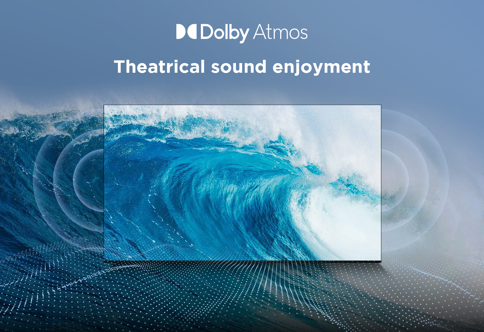 Logo i tekst Dolby Atmos nad falującą niebieską falą oceaniczną.