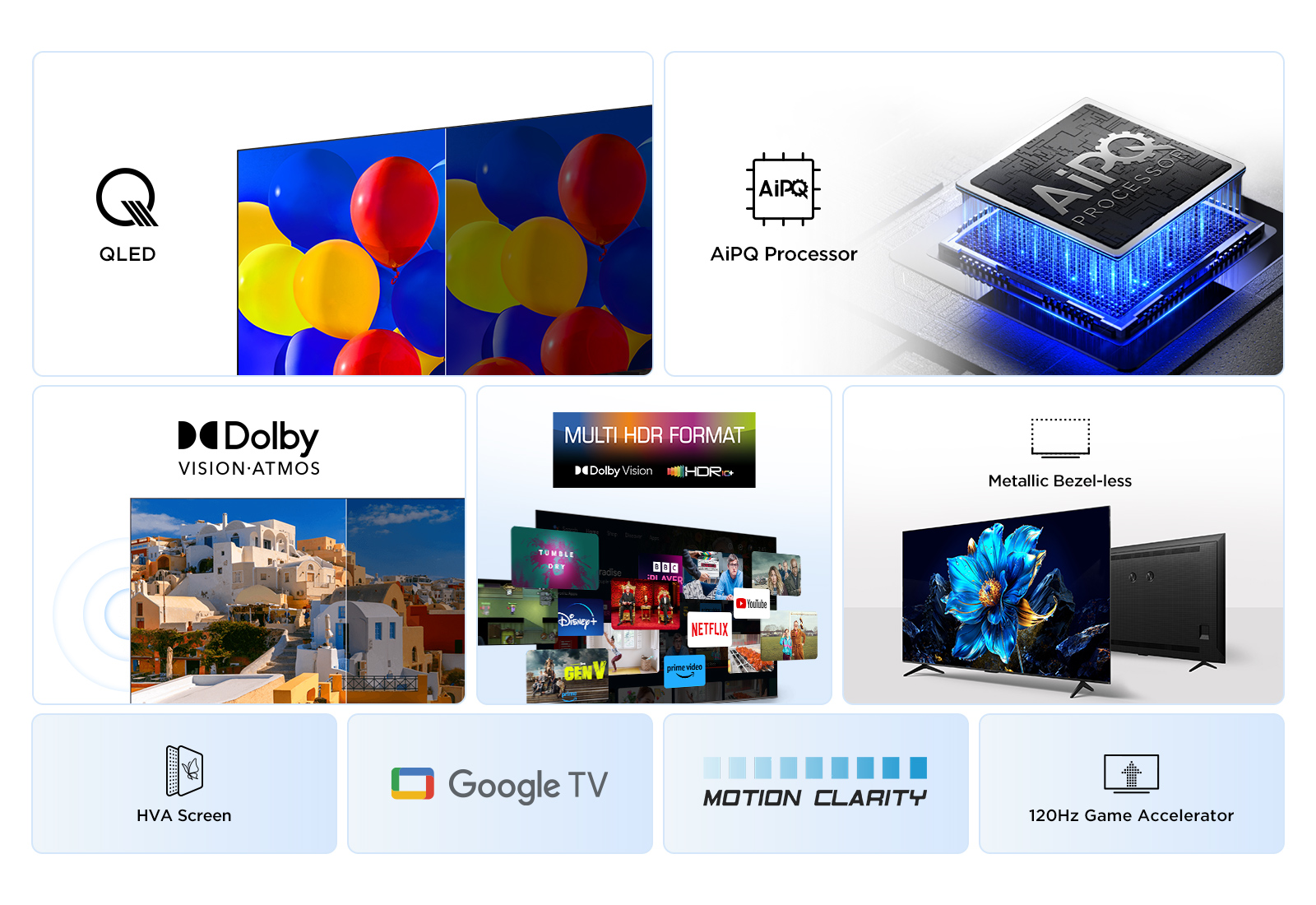 Telewizor QLED z procesorem AiPQ, Dolby Vision/Atmos, Multi-HDR, bezramkowy, Google TV.