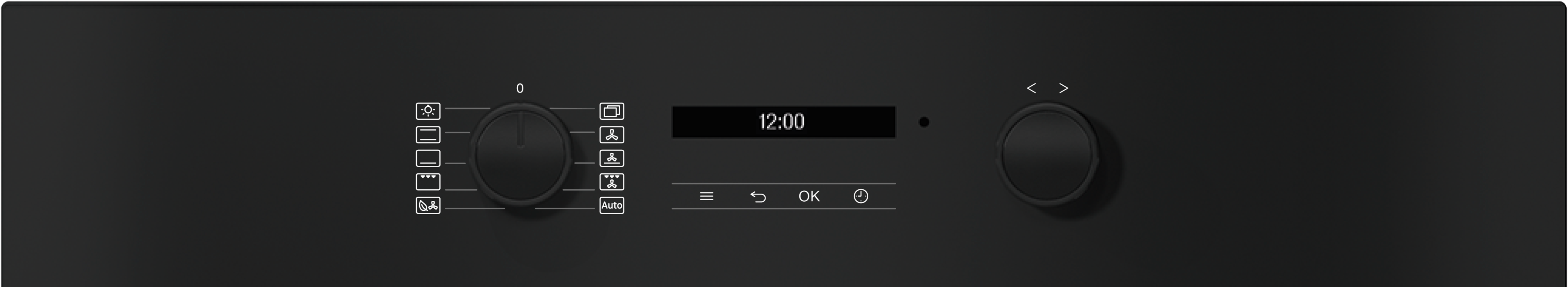 Ein schwarzes Bedienfeld mit einem digitalen Display, Drehreglern und Symbolen.