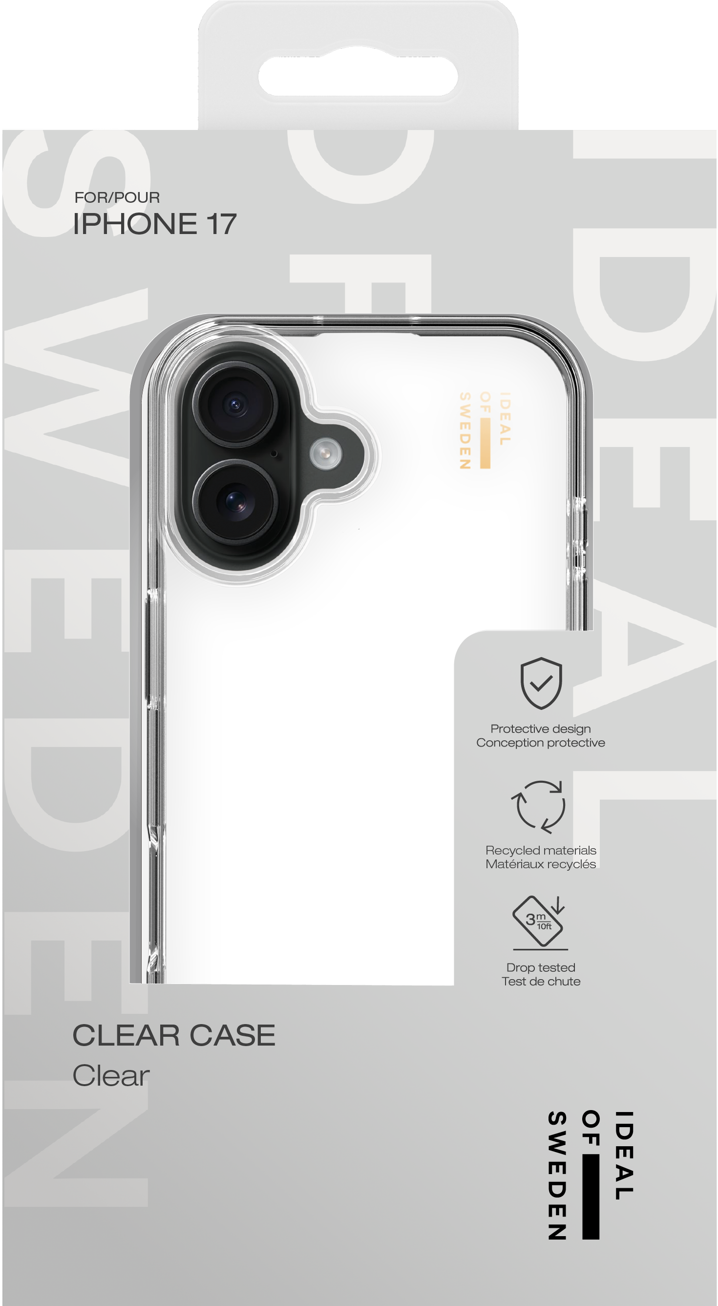 Transparente Hülle für iPhone 17 mit Kameraschutz und Aufdruck.