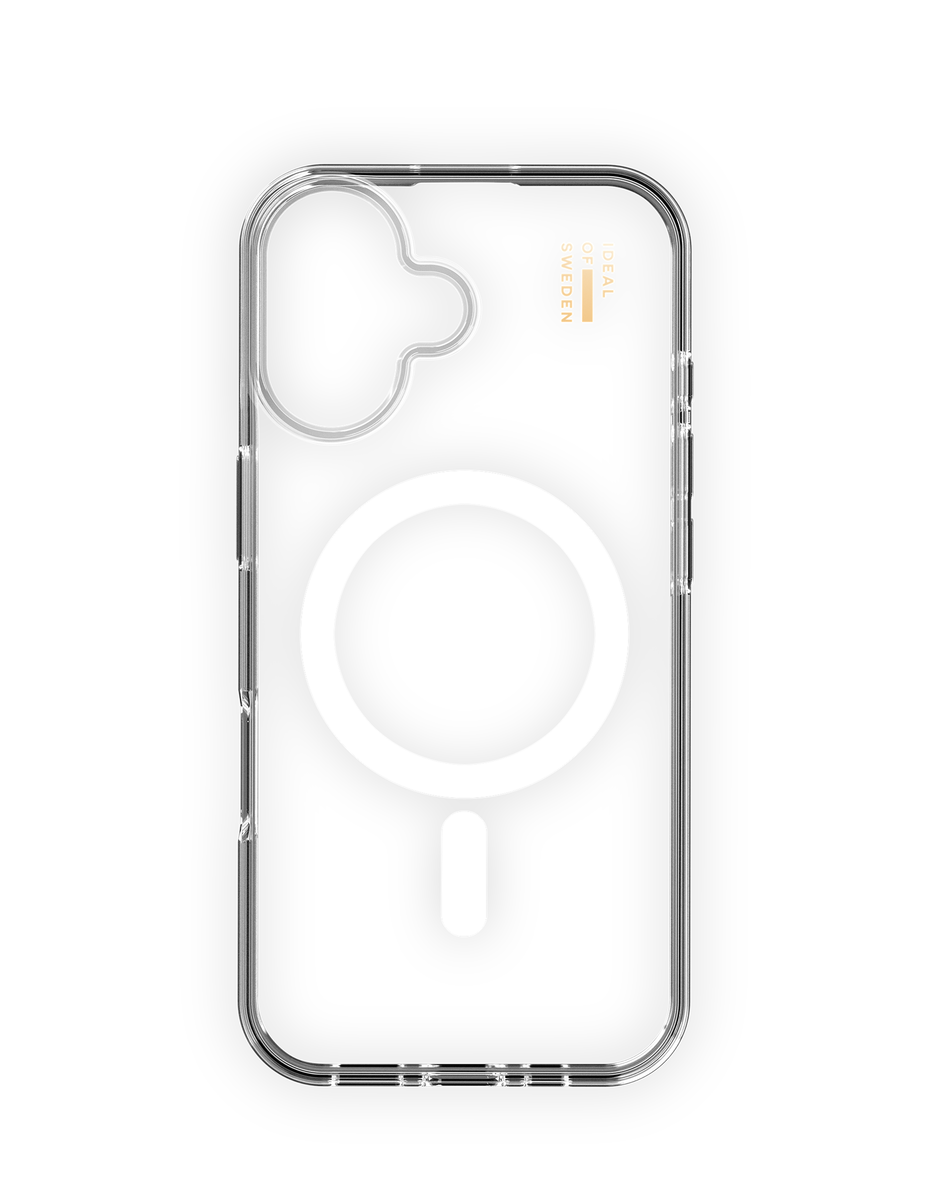 Transparente Hülle mit weißem Kreis und Rechteck-Design, mit Logo.