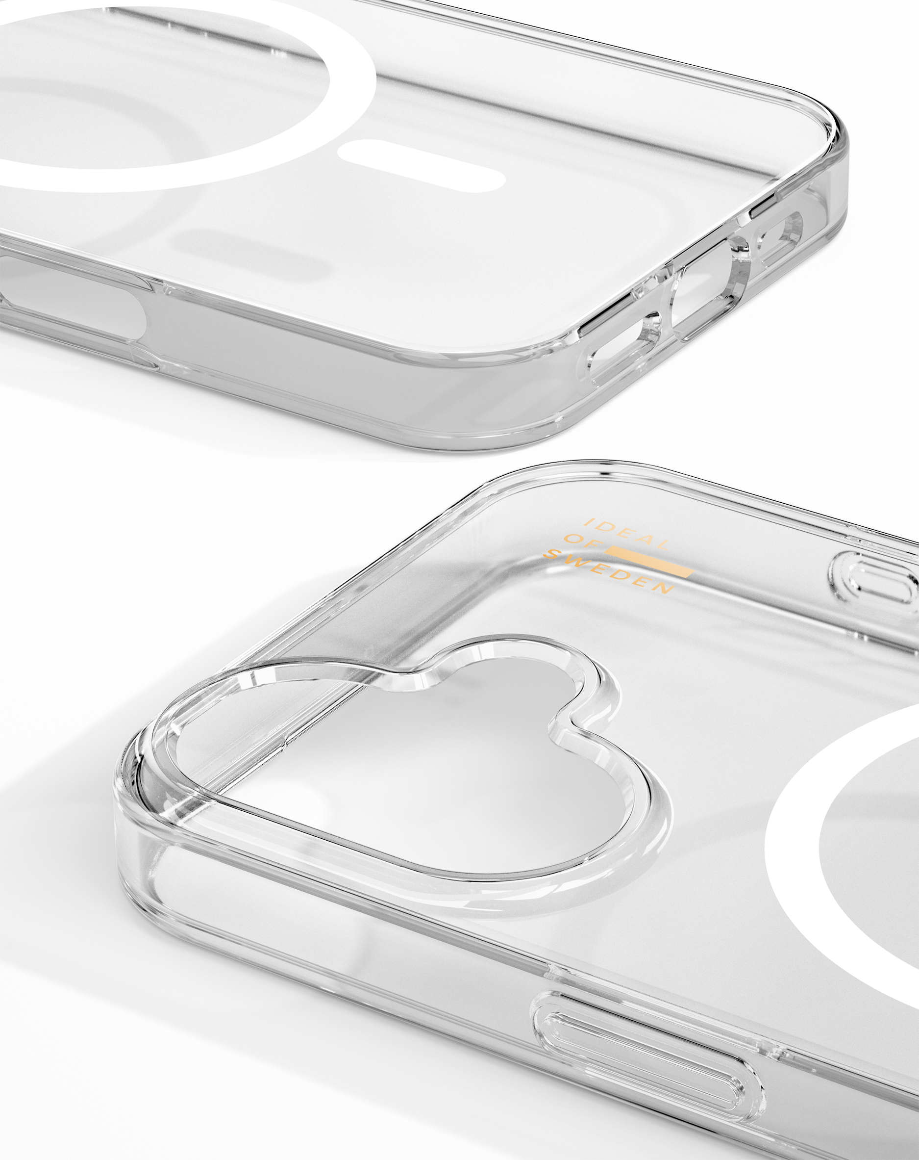 Transparente Handyhülle mit weißem Kreis und Textaufdruck.