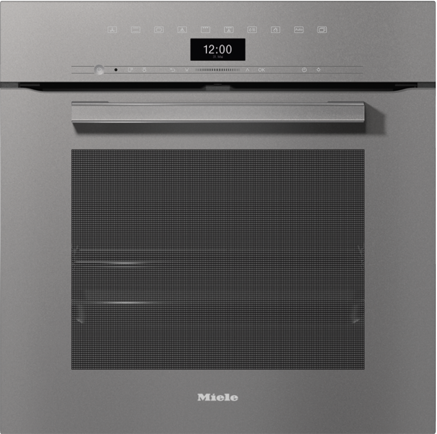 Ein moderner grauer Miele-Ofen mit digitaler Uhr und Bedienelementen.