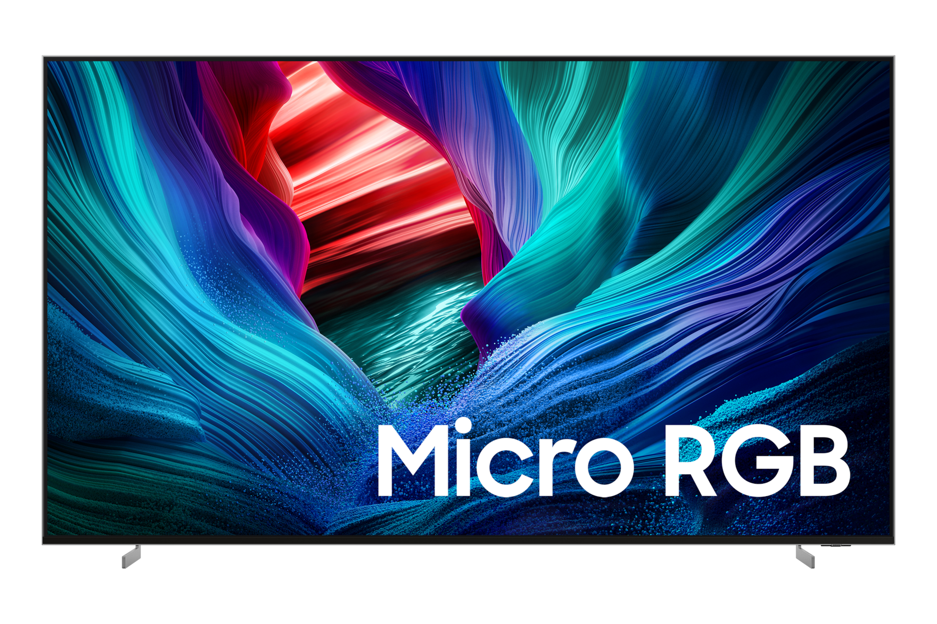 Nowoczesny telewizor wyświetlający abstrakcyjny, kolorowy wygaszacz ekranu z napisem „Micro RGB”.