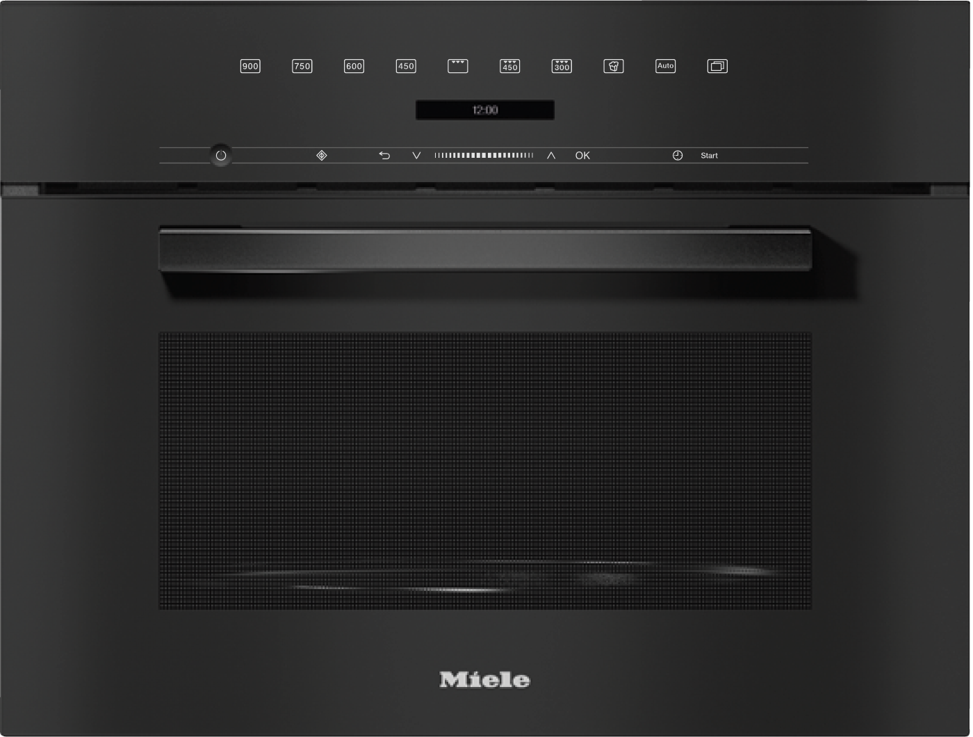 Ein schwarzer Miele Einbauofen mit digitaler Zeitanzeige und Bedienelementen.