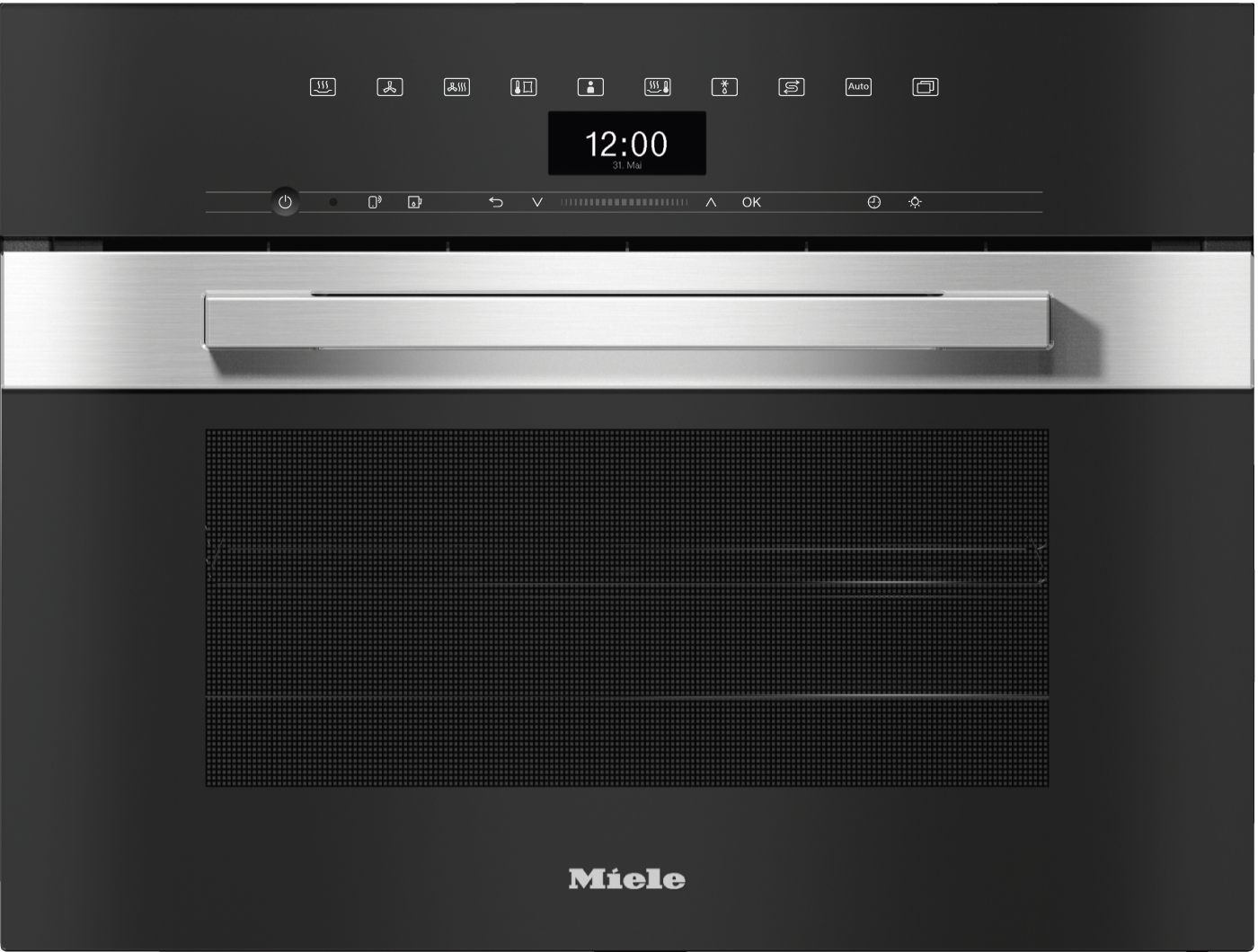Moderner Miele-Ofen mit Touchscreen-Display, silbernem Griff und schwarzer Tür.