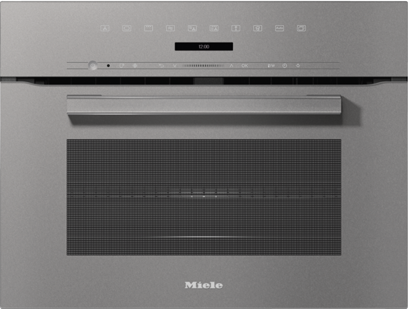 Grauer Miele Einbaubackofen mit digitaler Anzeige und Metallgriff.