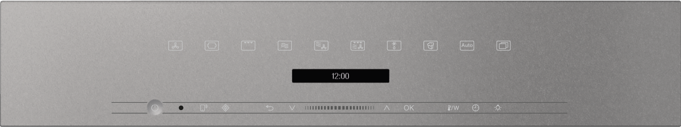 Graues Bedienfeld mit Symbolen, einem digitalen Display (12:00) und Bedienelementen.