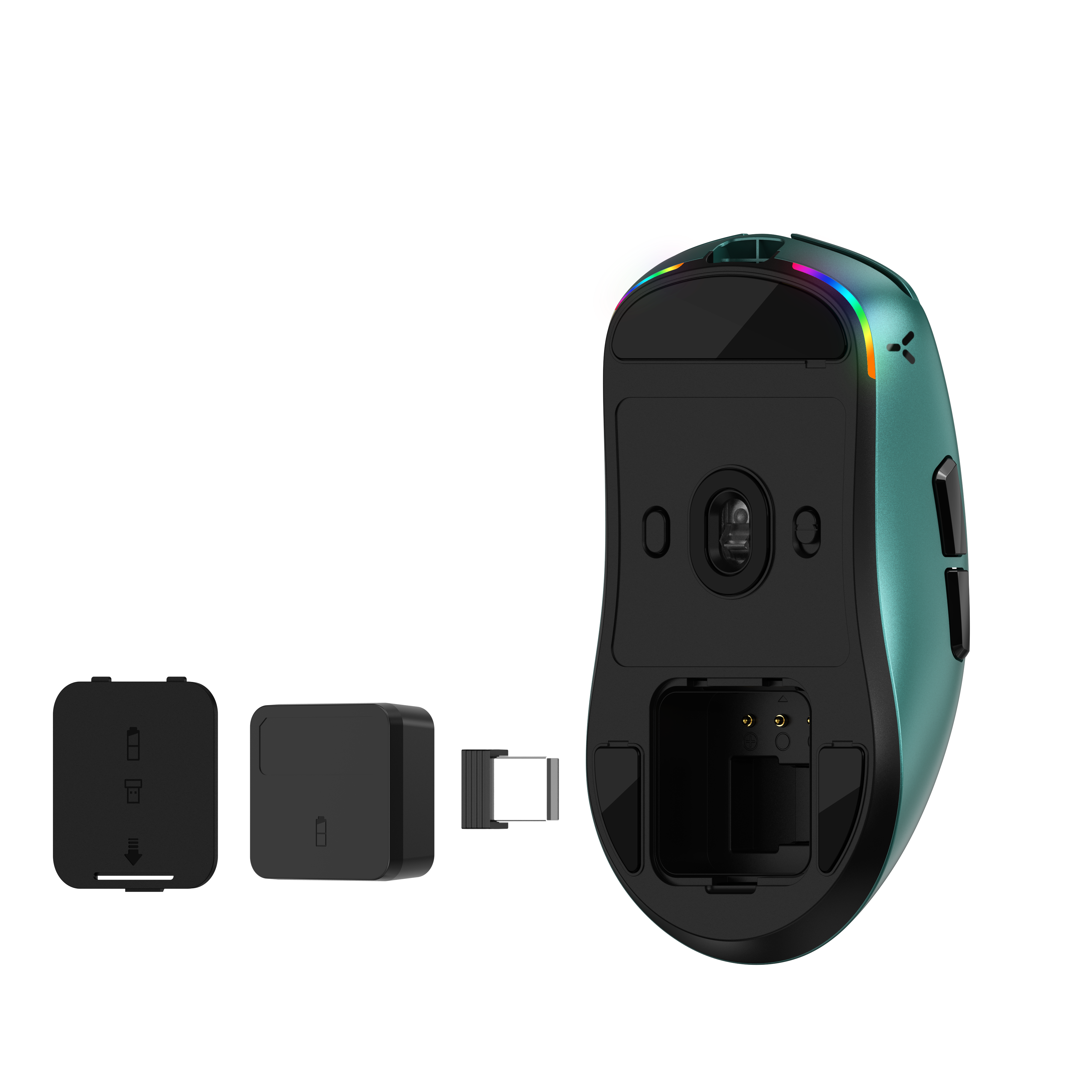 Grüne Gaming-Maus mit RGB-Beleuchtung und Zubehör auf schwarzem Hintergrund.