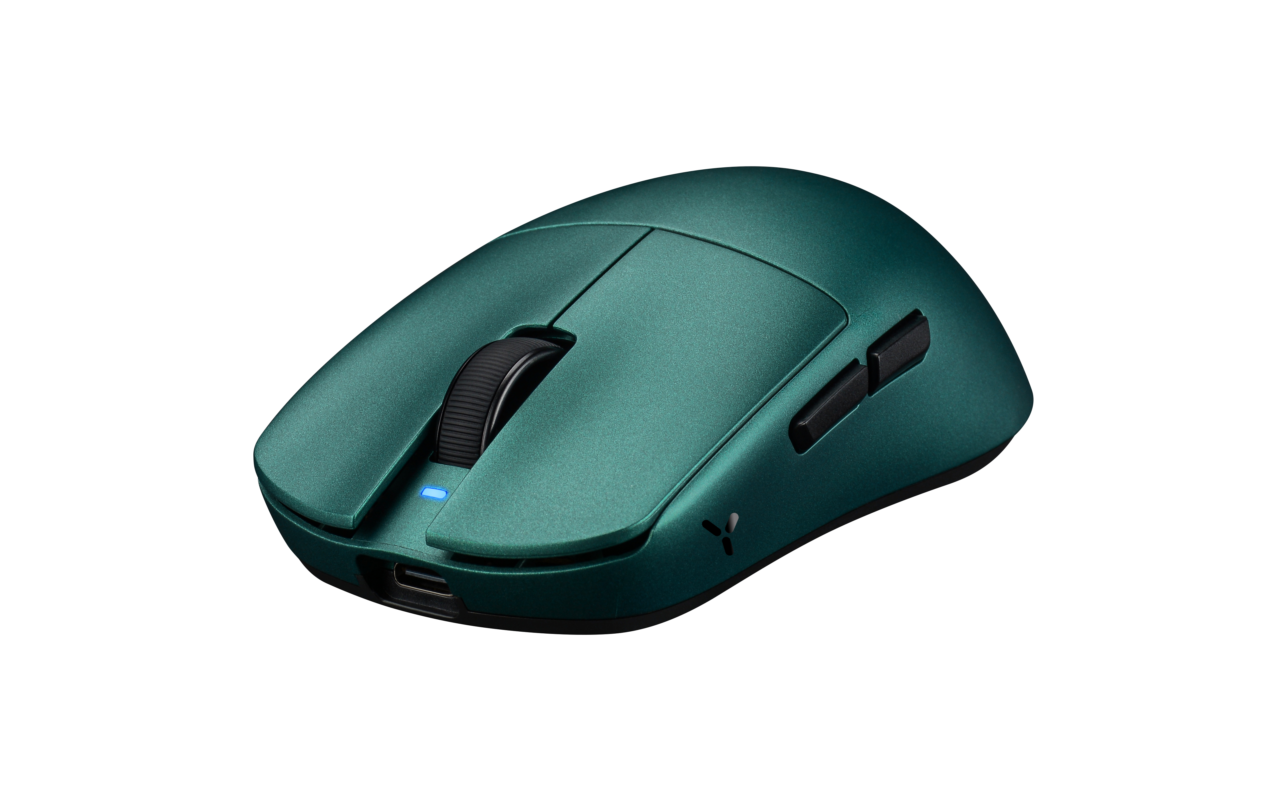 Grüne Gaming-Maus mit schwarzem Scrollrad und blauer LED auf schwarzem Hintergrund.