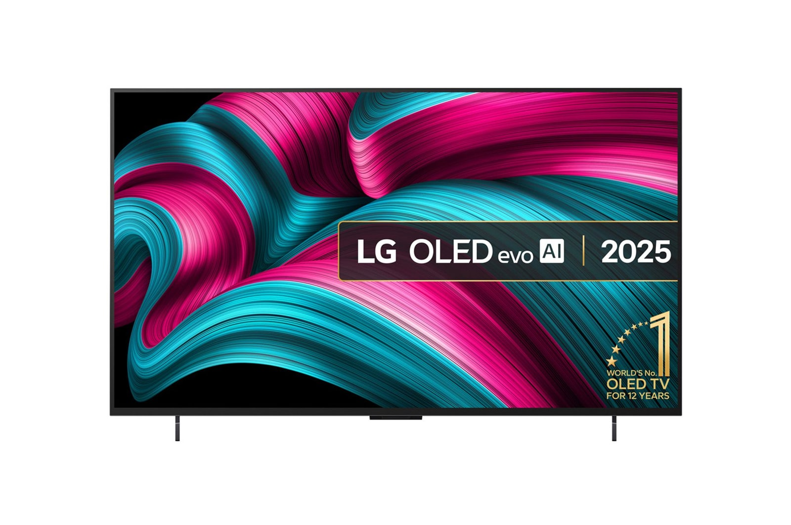 Telewizor LG OLED evo AI z 2025 roku z kolorowym, abstrakcyjnym tłem.