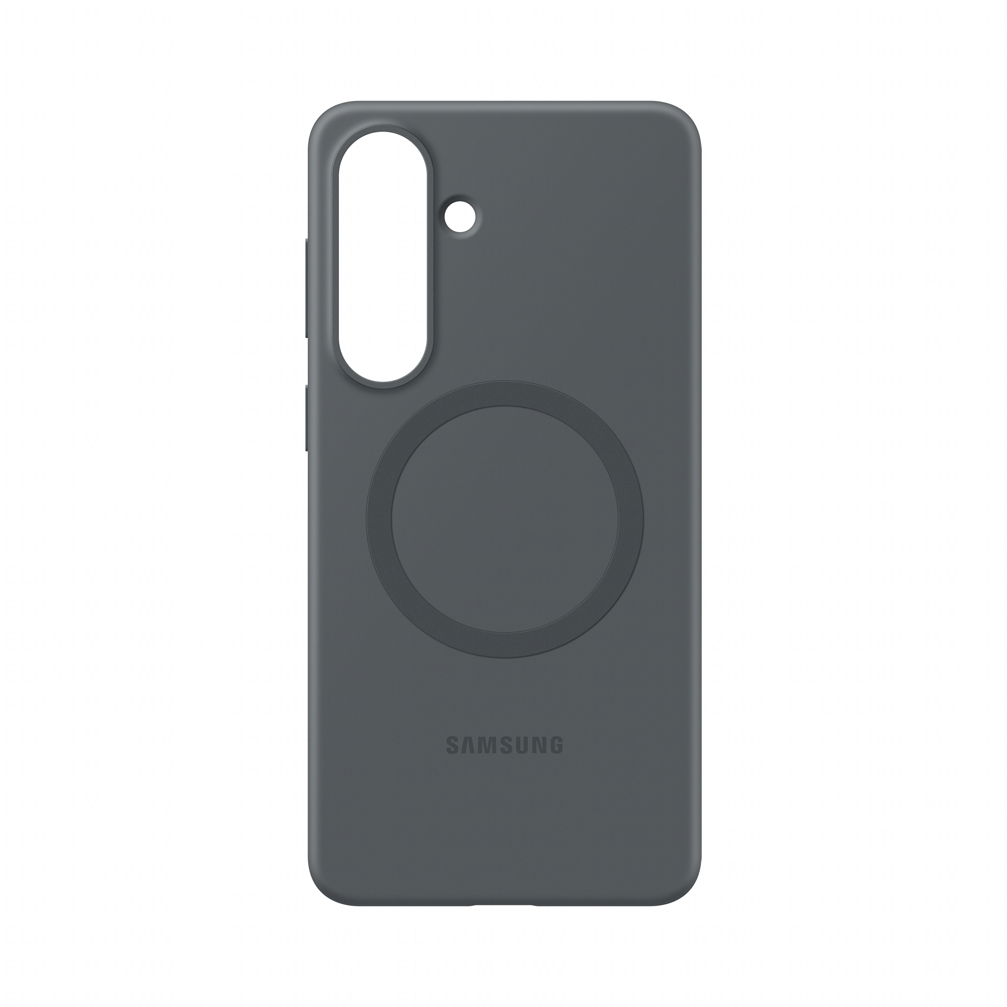 Dunkelgraue Handyhülle mit kreisförmigem MagSafe-Ring und Samsung-Logo.