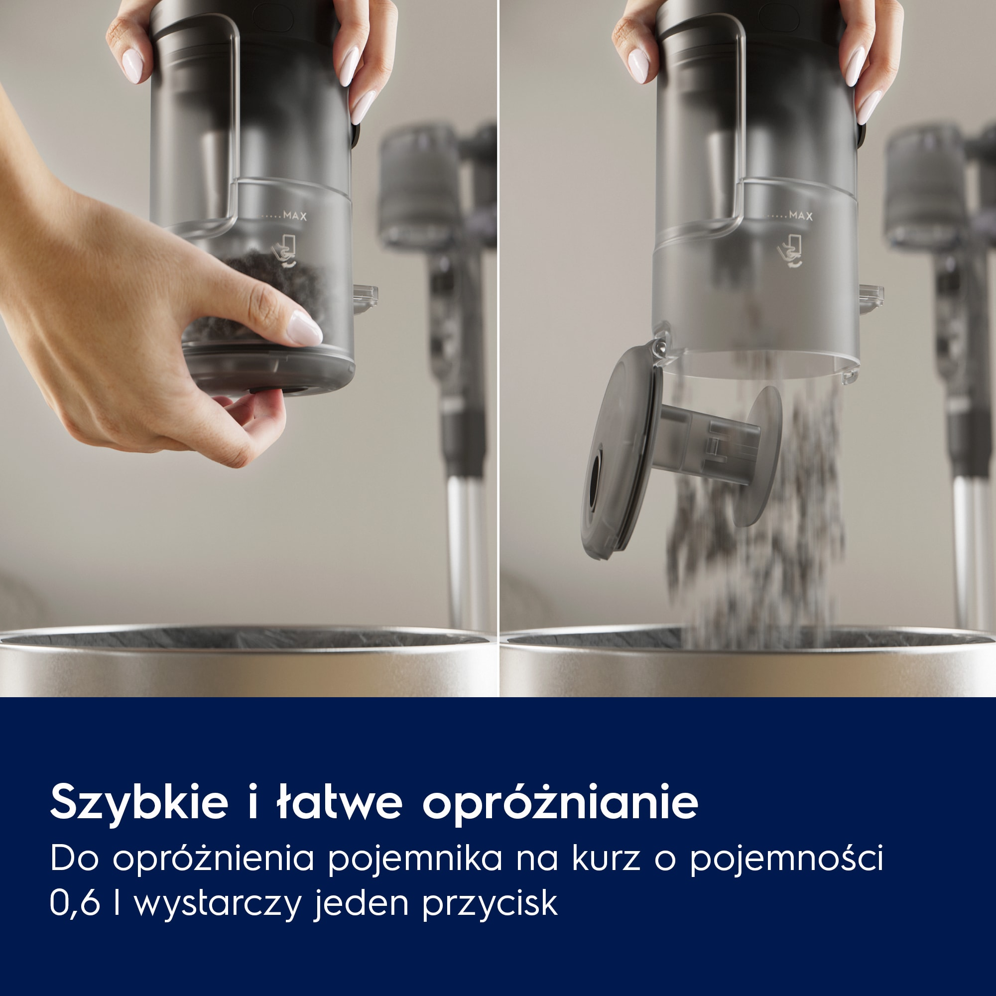 Ręka opróżnia pojemnik na kurz do pojemnika.