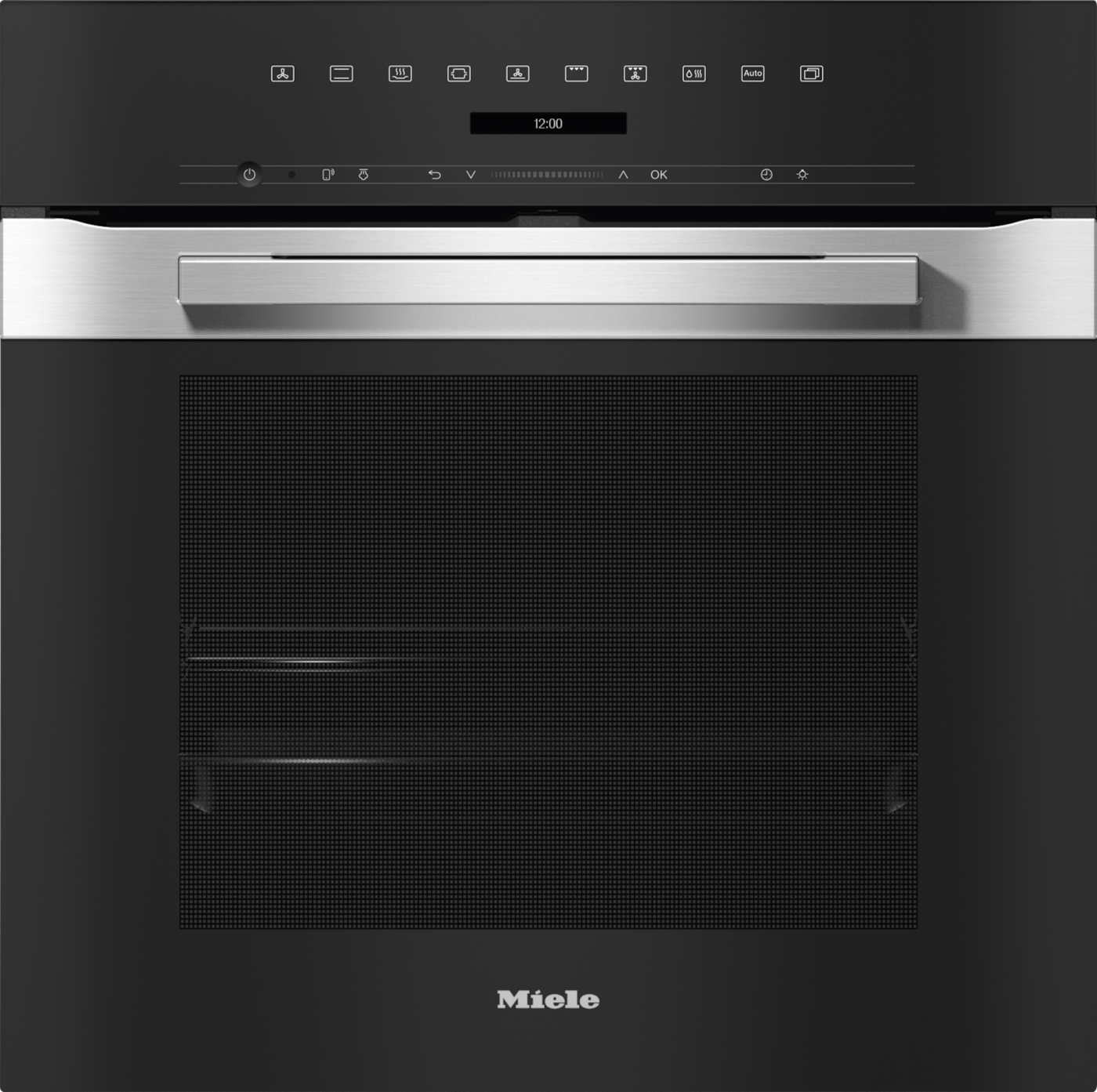 Ein moderner schwarzer Miele-Ofen mit Digitalanzeige, die 12:00 anzeigt.