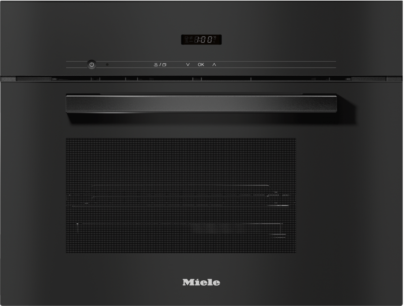 Schwarzer Einbauofen mit digitaler Anzeige, Griff und Miele-Logo.
