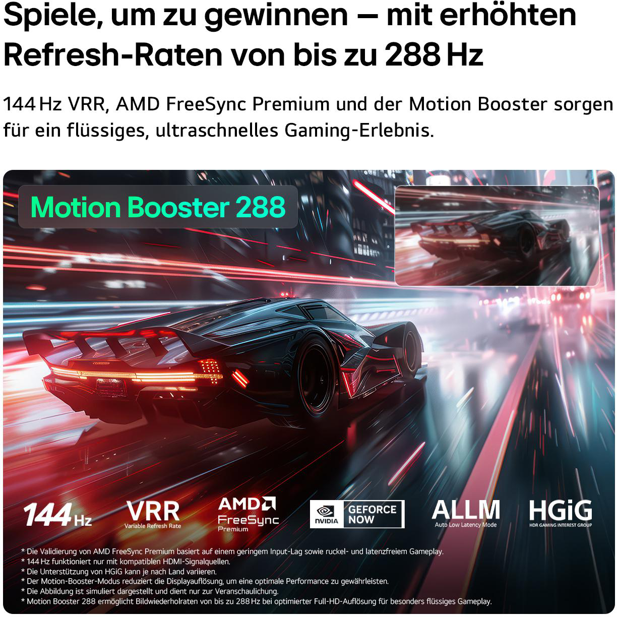 Ein futuristisches Auto rast auf einer neonbeleuchteten Straße. Text wirbt für 288 Hz.