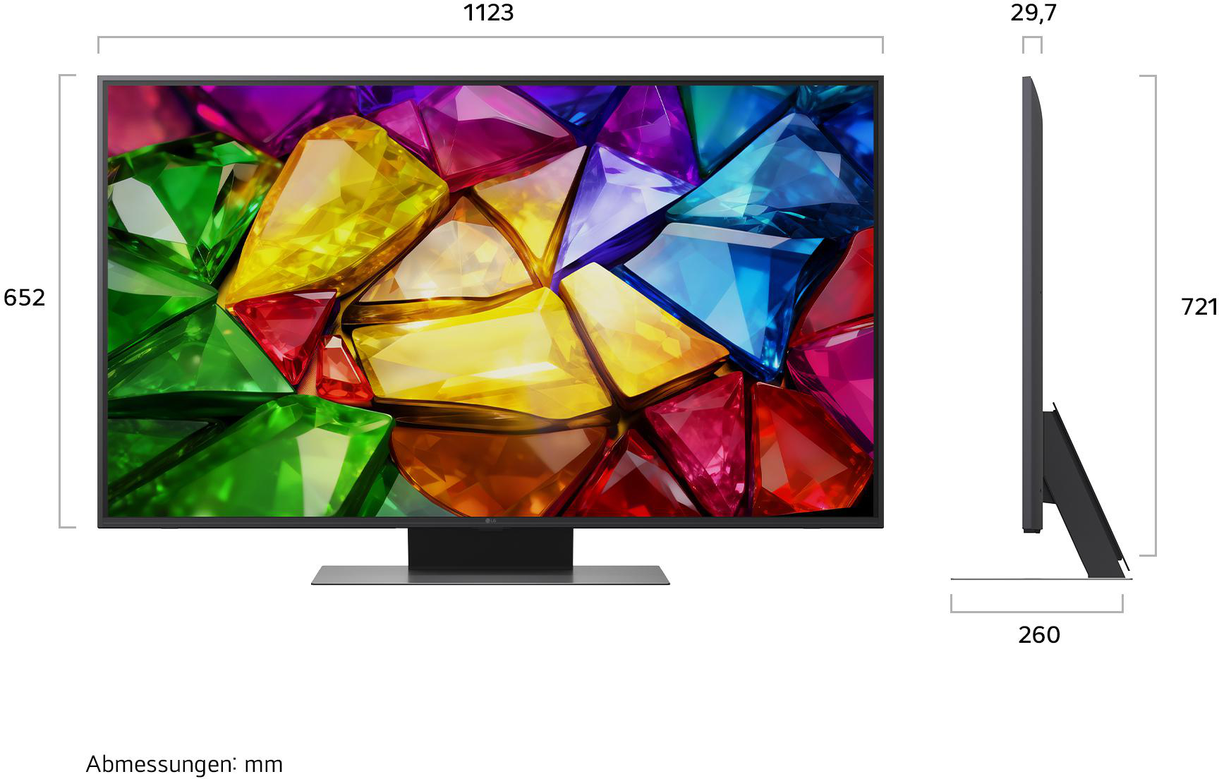 Ein moderner Fernseher mit einem bunten Edelstein-Hintergrundbild und Abmessungen.
