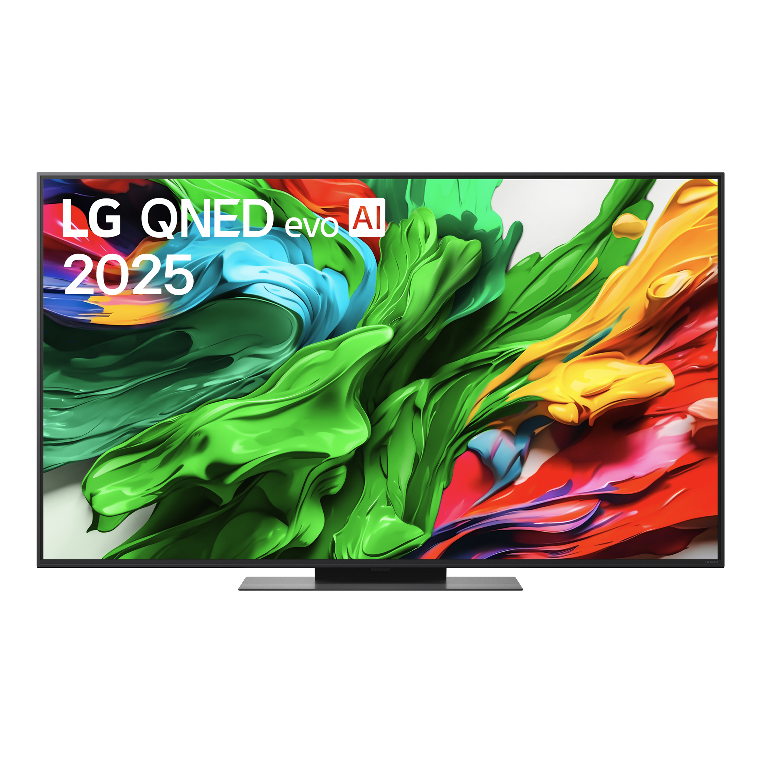 Telewizor LG QNED evo AI 2025 wyświetlający kolorową, płynną grafikę.