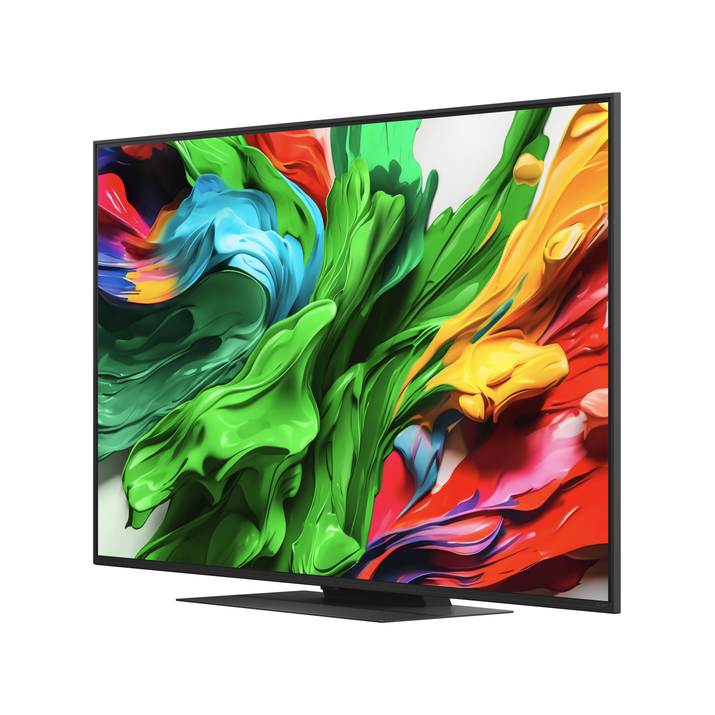 Nowoczesny telewizor z żywym, abstrakcyjnym wygaszaczem ekranu w kolorach zielonym, niebieskim i czerwonym.