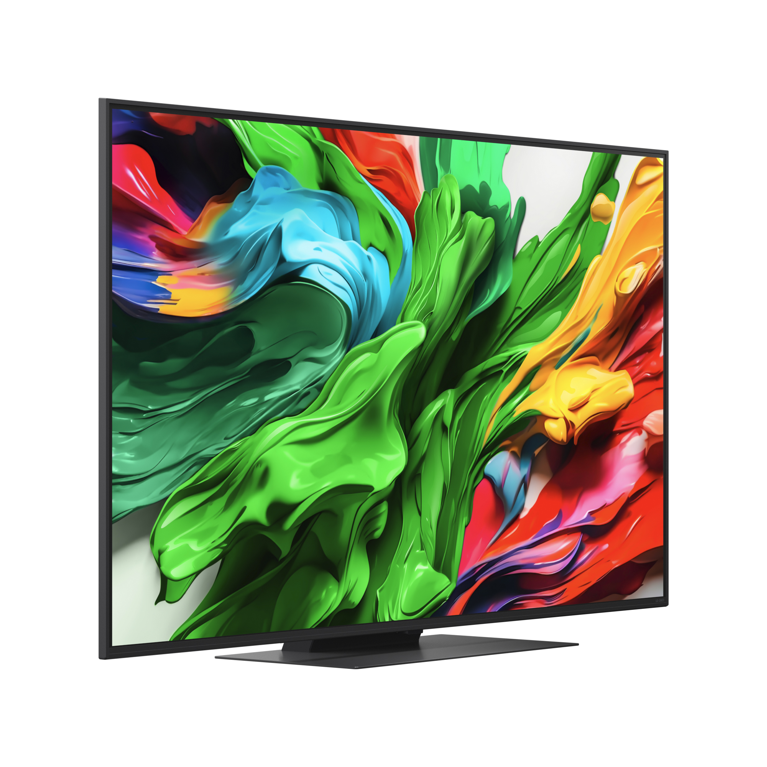 Nowoczesny telewizor z płaskim ekranem wyświetla żywe, abstrakcyjne dzieło sztuki w kolorach zielonym, niebieskim, żółtym i czerwonym.
