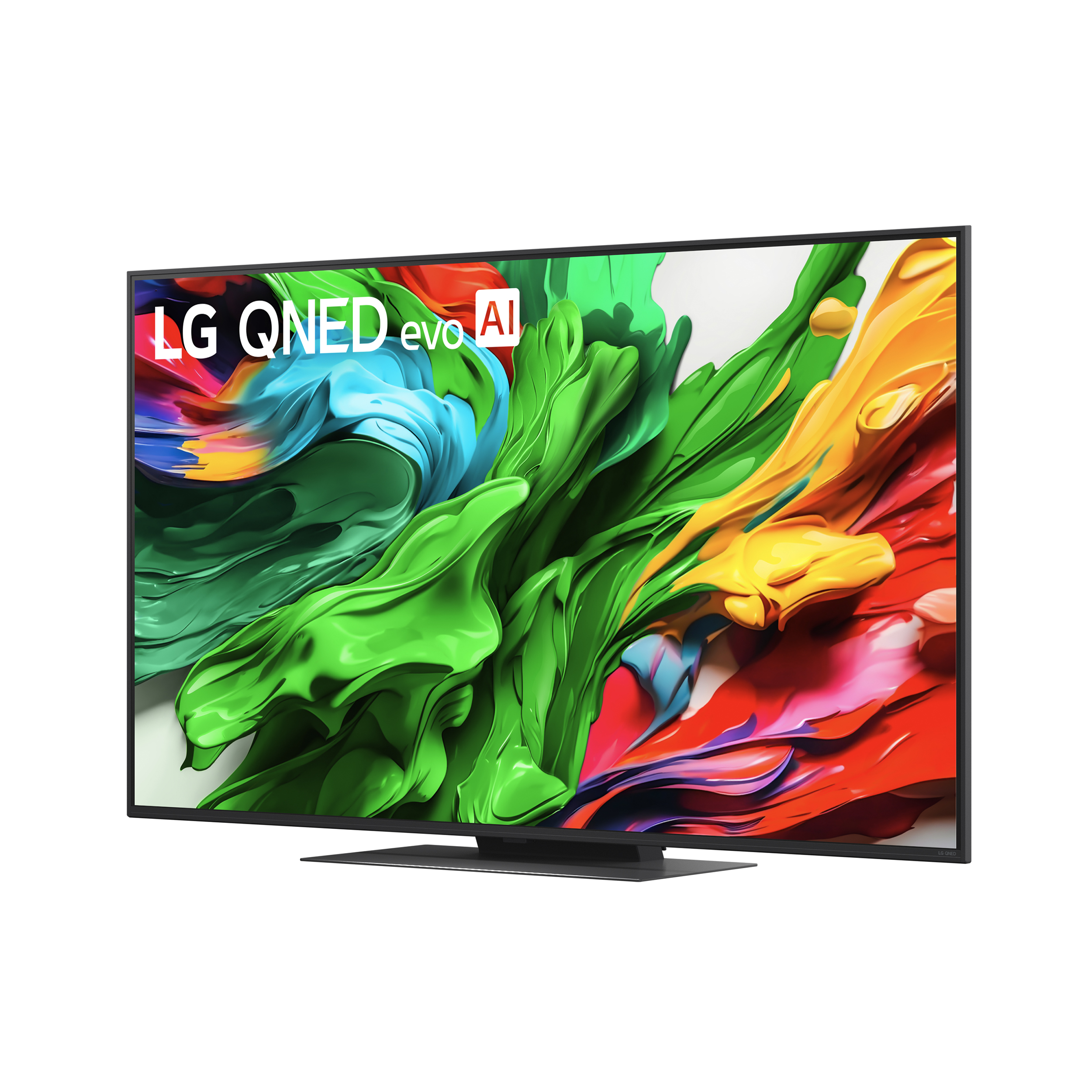 Telewizor LG QNED evo AI z żywą sztuką abstrakcyjną, odcieniami zieleni, błękitu i czerwieni.
