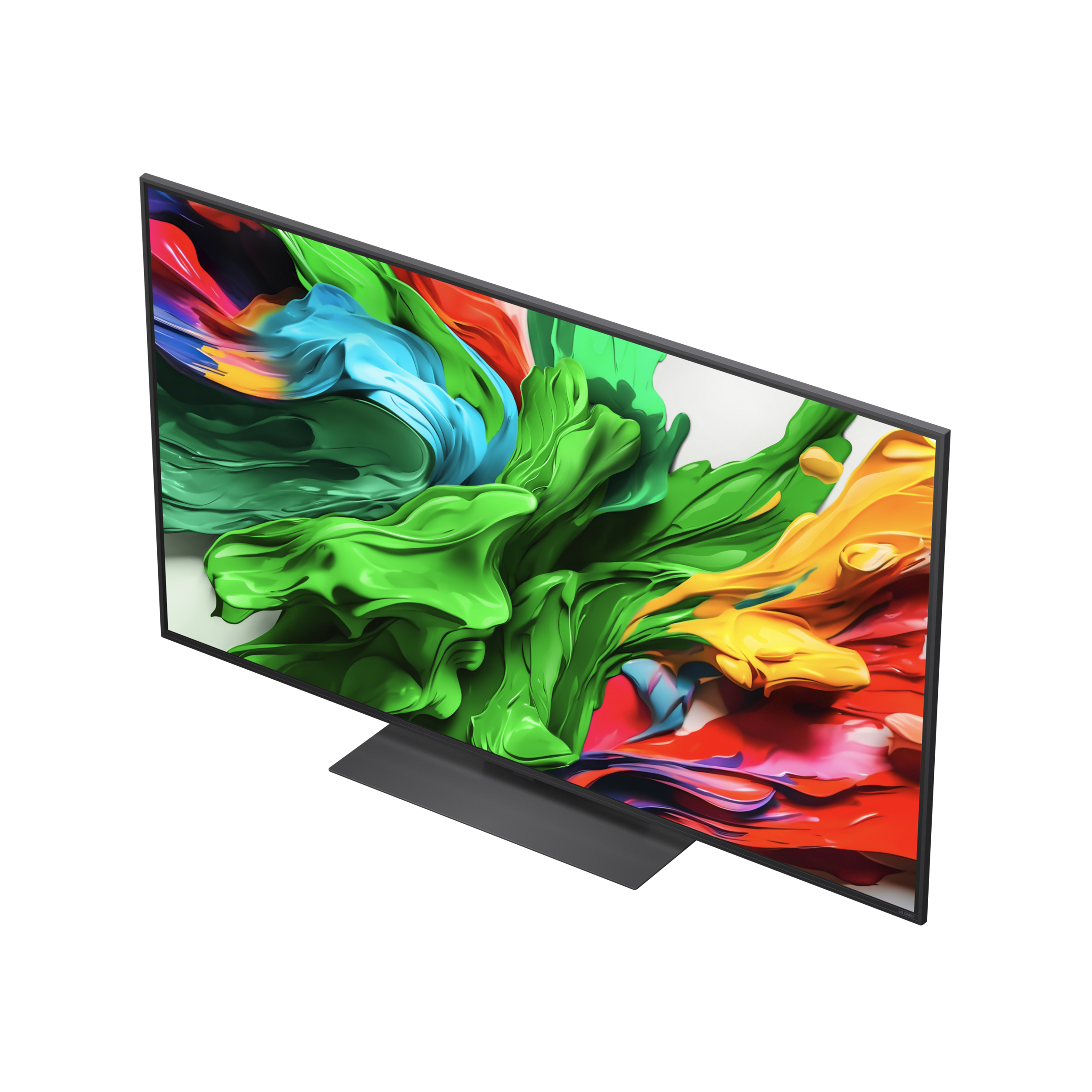 Nowoczesny telewizor wyświetlający abstrakcyjny, kolorowy obraz na ekranie.