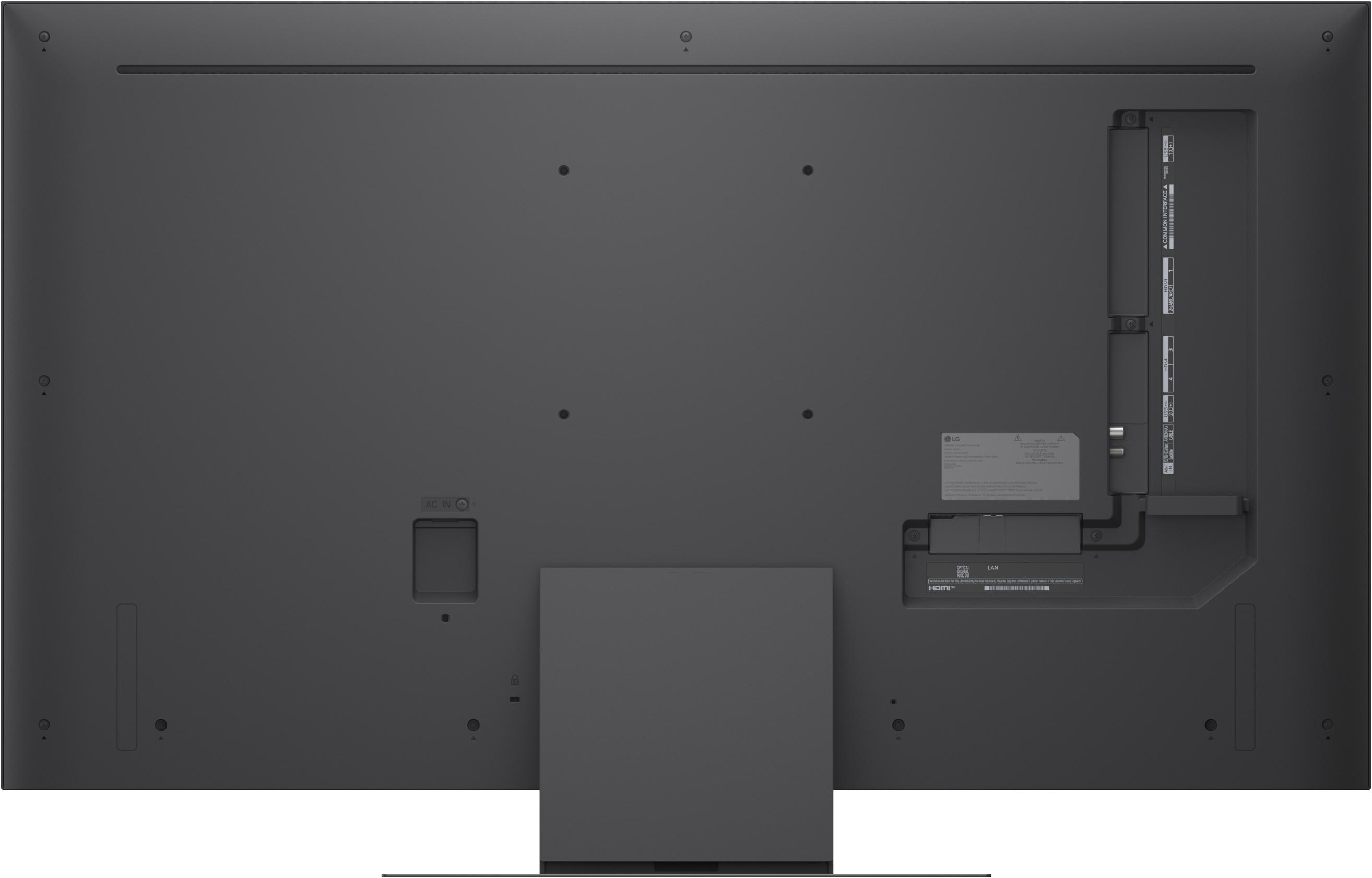 Rückseite eines schwarzen Fernsehers mit Anschlüssen wie AC IN, HDMI und USB.