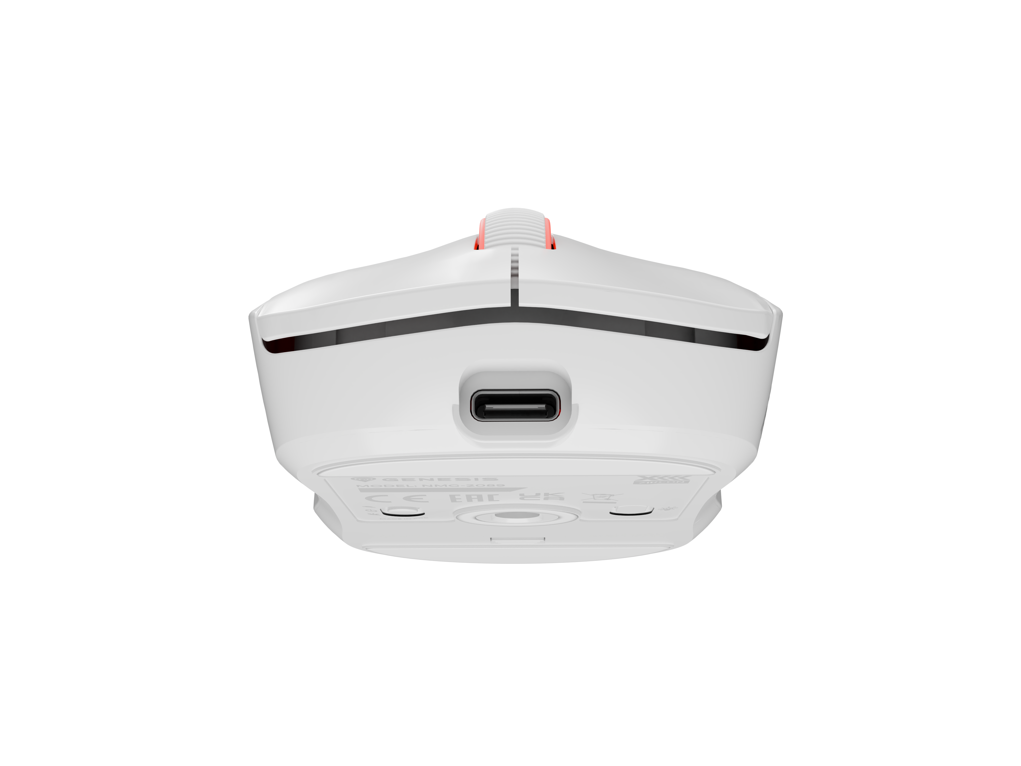 Biała mysz gamingowa z portem USB-C i czerwonym kółkiem.