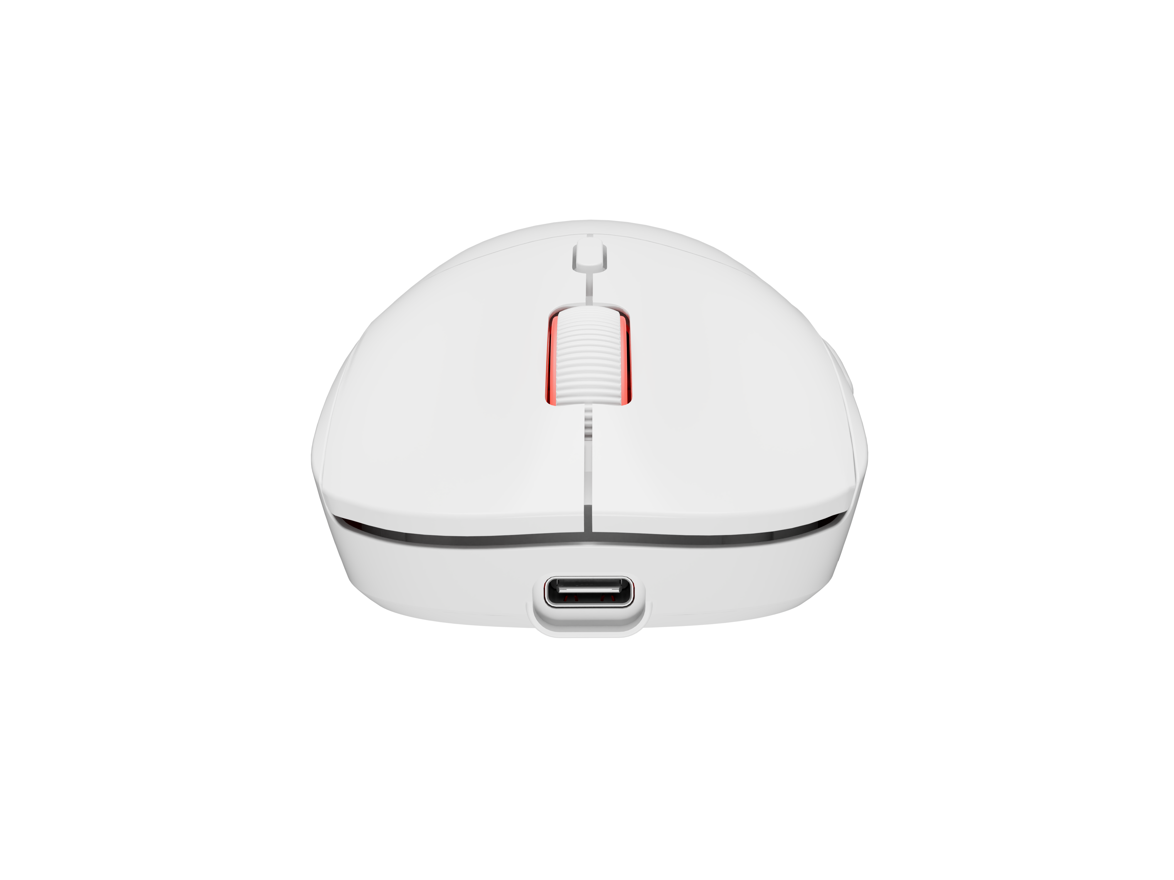Biała mysz komputerowa z czerwonym kółkiem i portem USB-C.