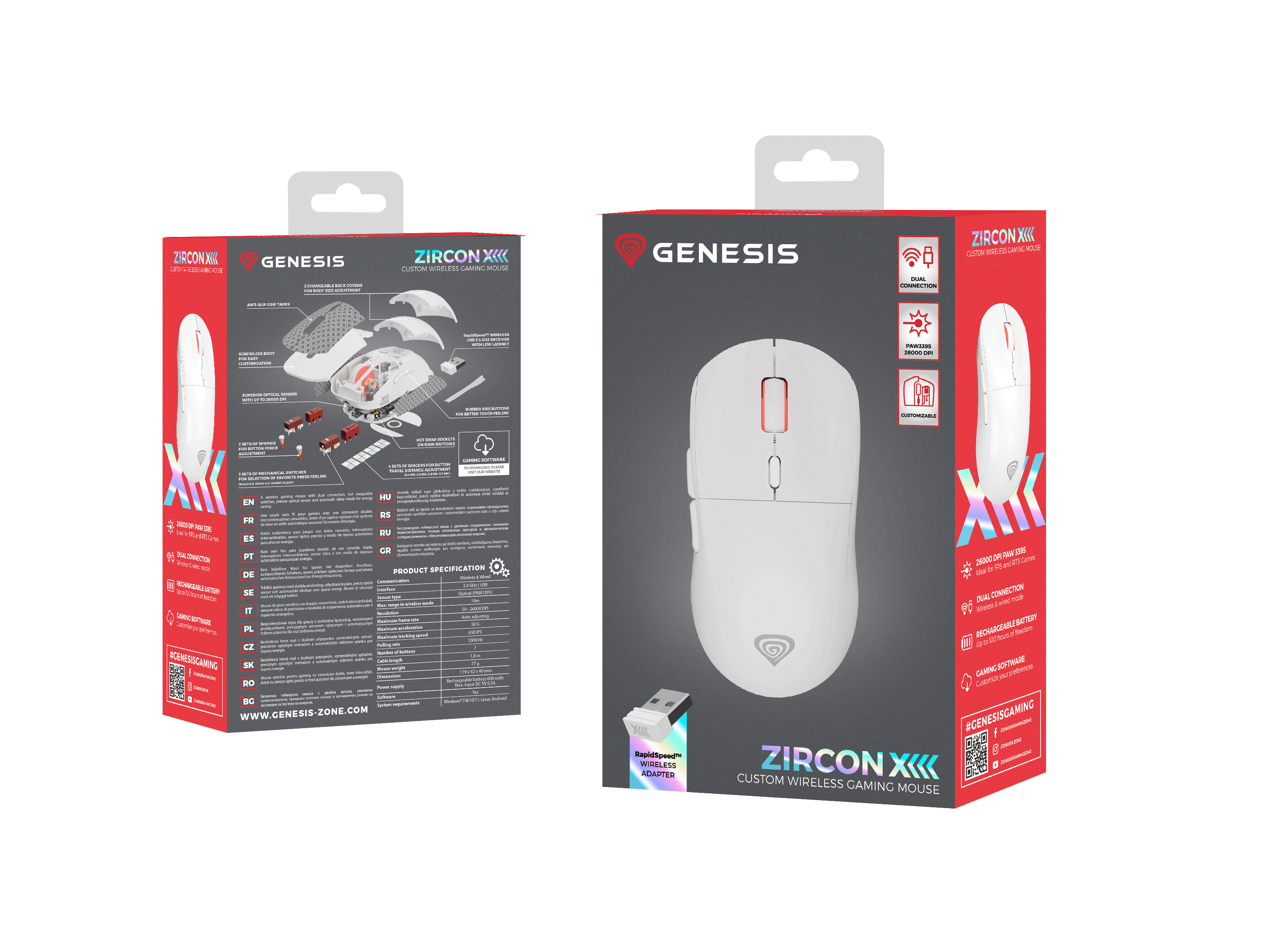Biała mysz gamingowa z logo Zircon X i informacjami o produkcie na obu pudełkach.