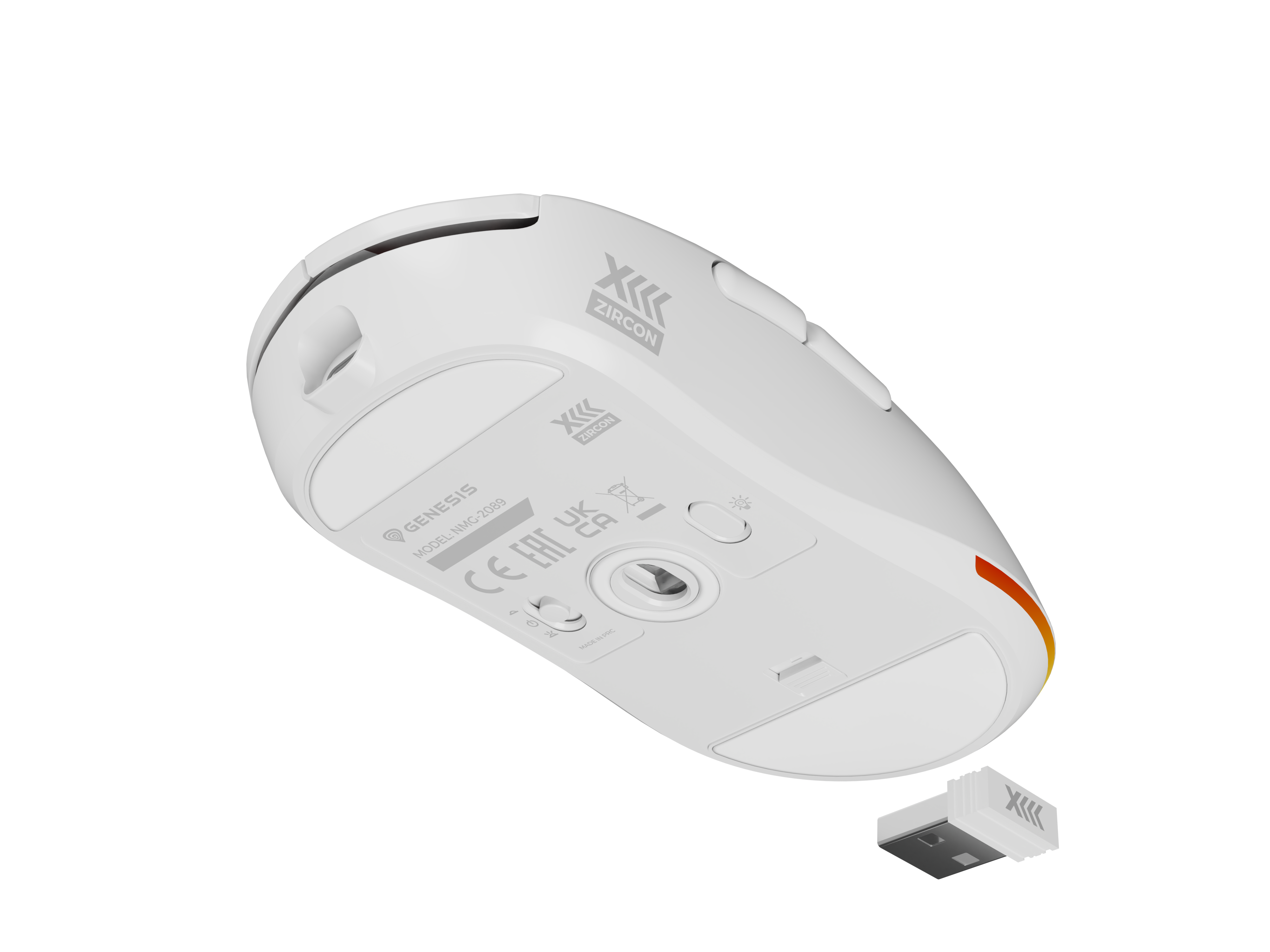 Biała mysz gamingowa z donglem USB, logo Zircon i pomarańczowym akcentem.