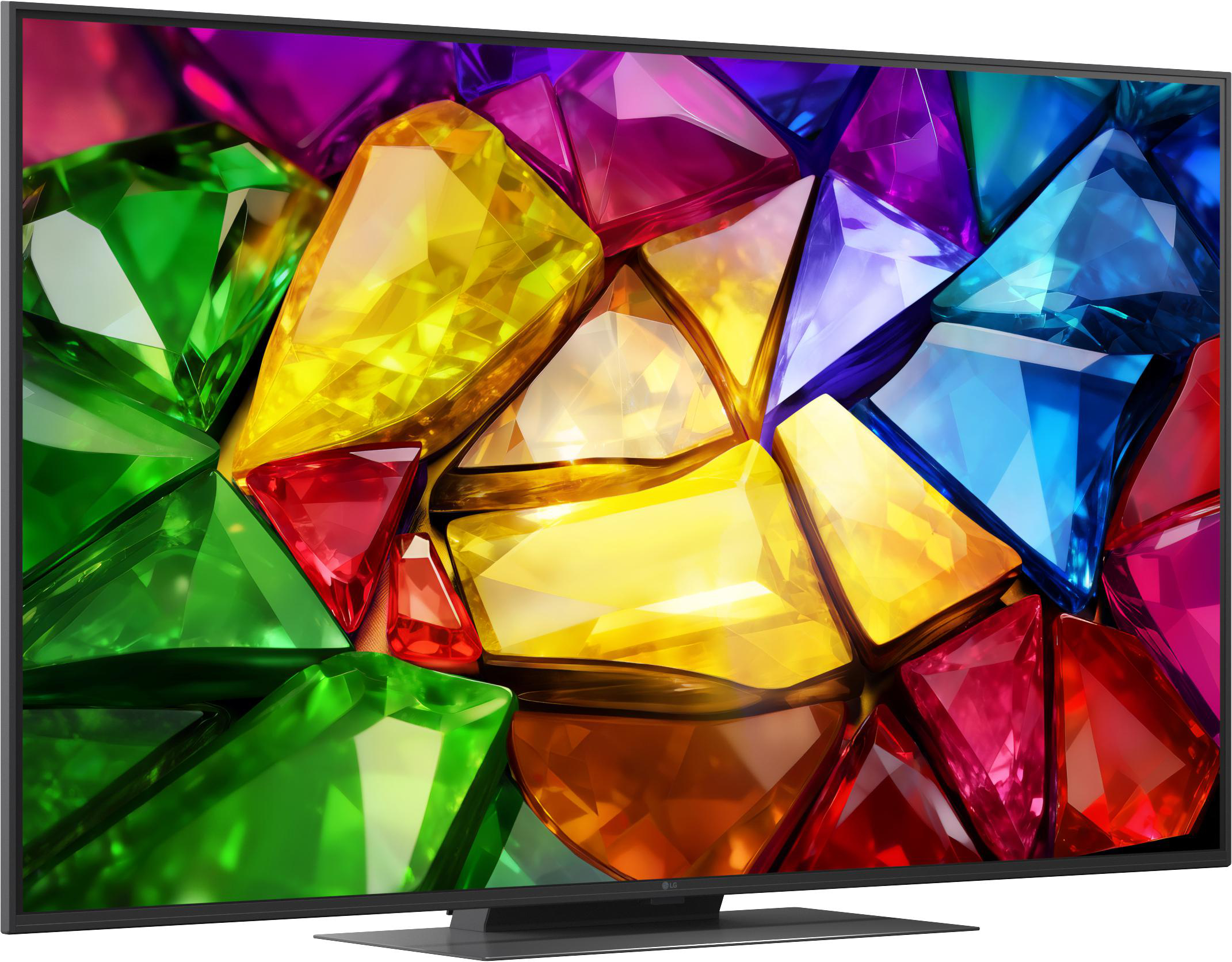 Ein großer Fernseher zeigt ein Kaleidoskop aus bunten, facettierten Edelsteinen.