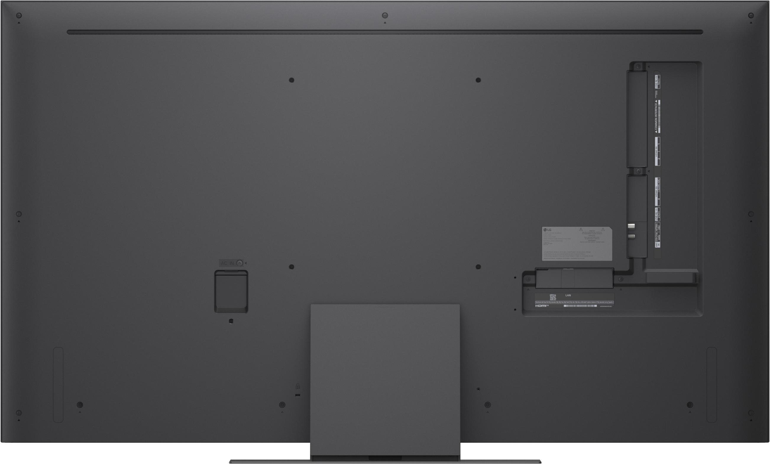 Rückseite eines schwarzen Fernsehers mit Anschlüssen: HDMI, LAN, Optisch, AC IN.