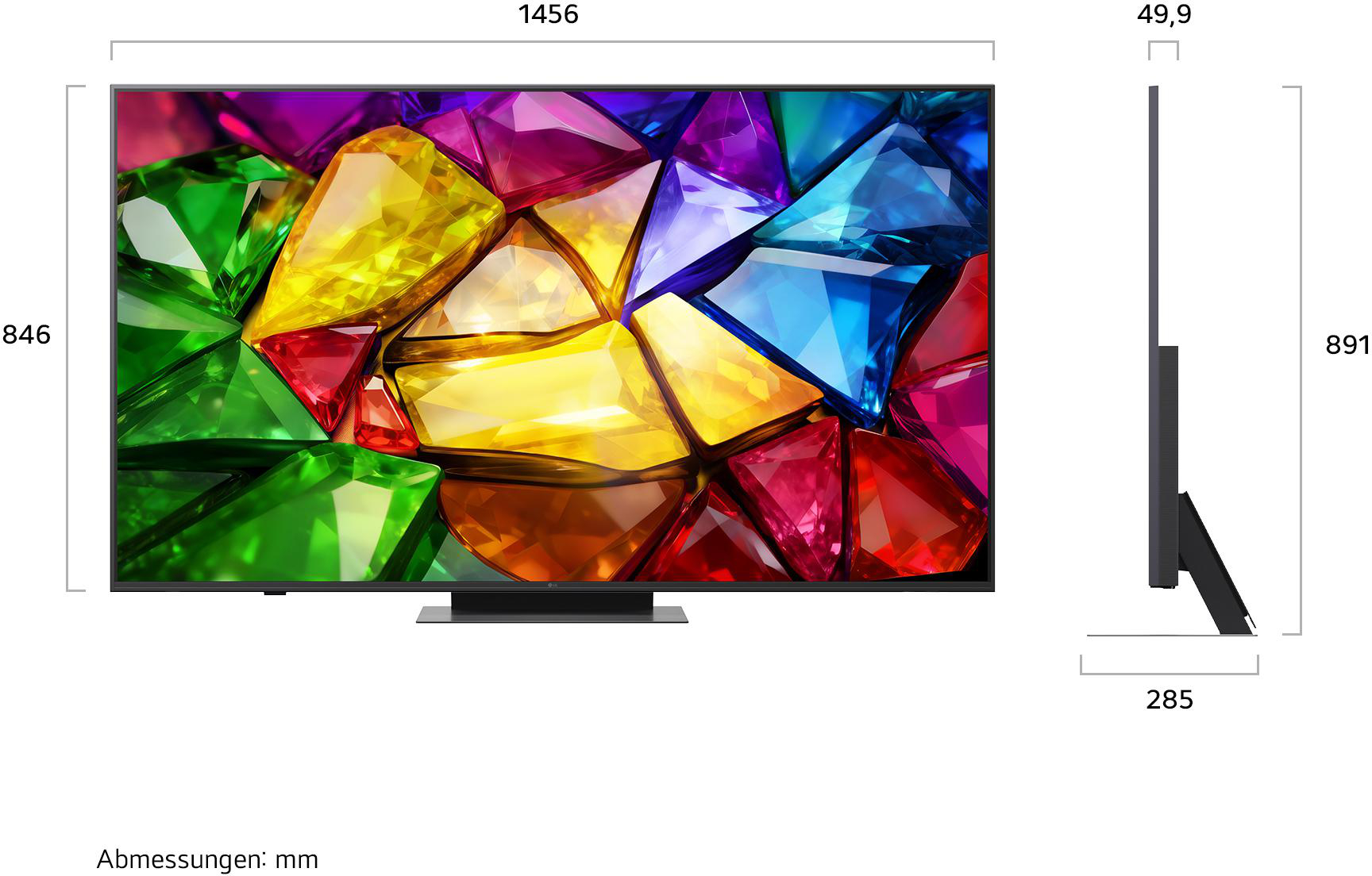 Ein moderner Fernseher mit lebendigem Edelstein-Hintergrund und Maßen.