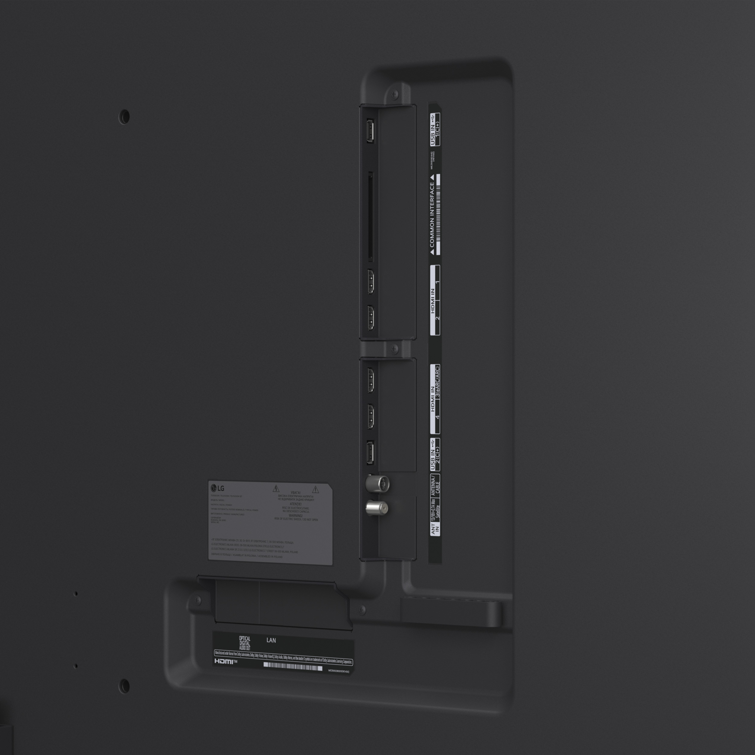 Tył telewizora z portami: HDMI, USB, LAN, Antena.