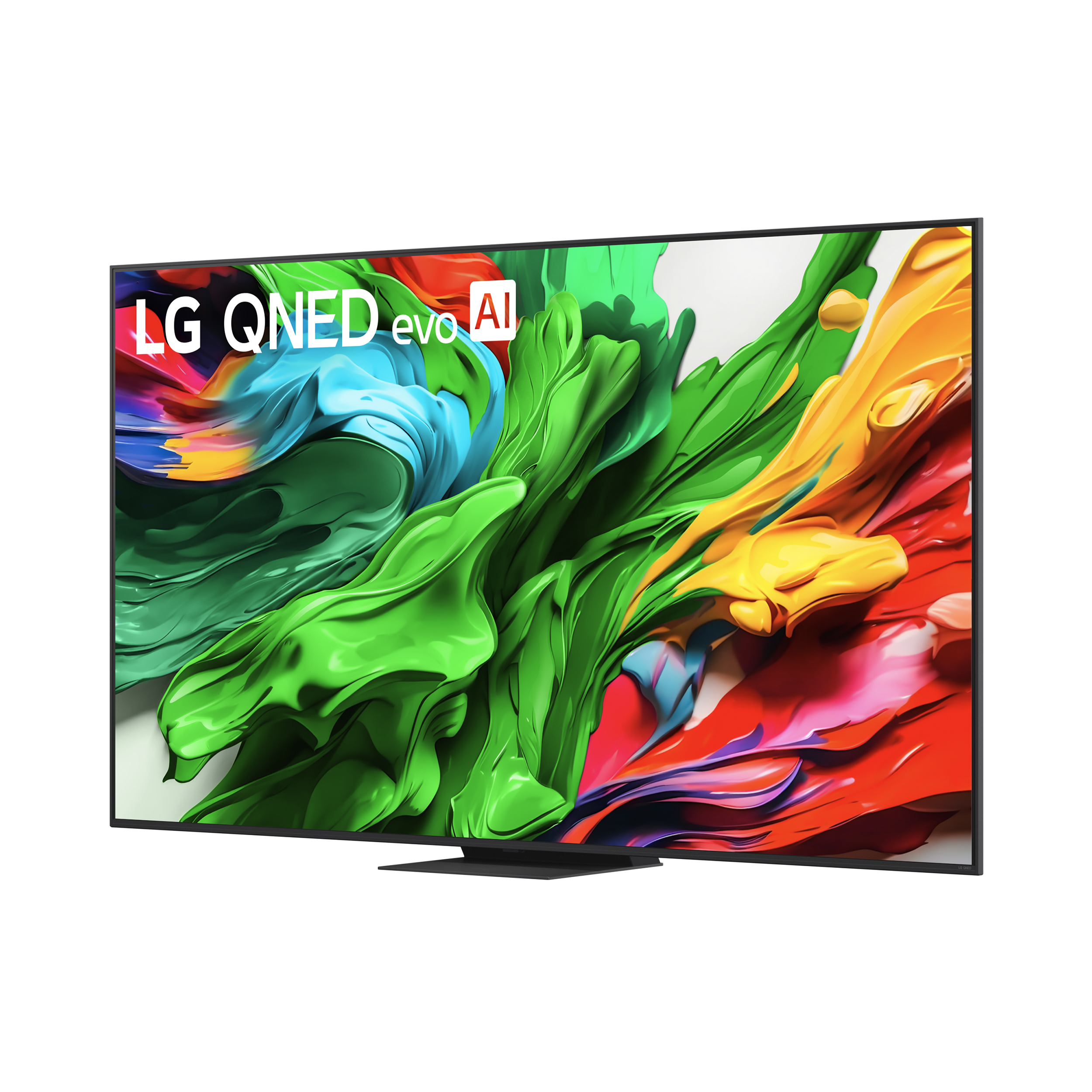 Telewizor LG QNED evo AI wyświetlający żywe, płynne gradienty kolorów w zieleni, błękicie, żółci i czerwieni.