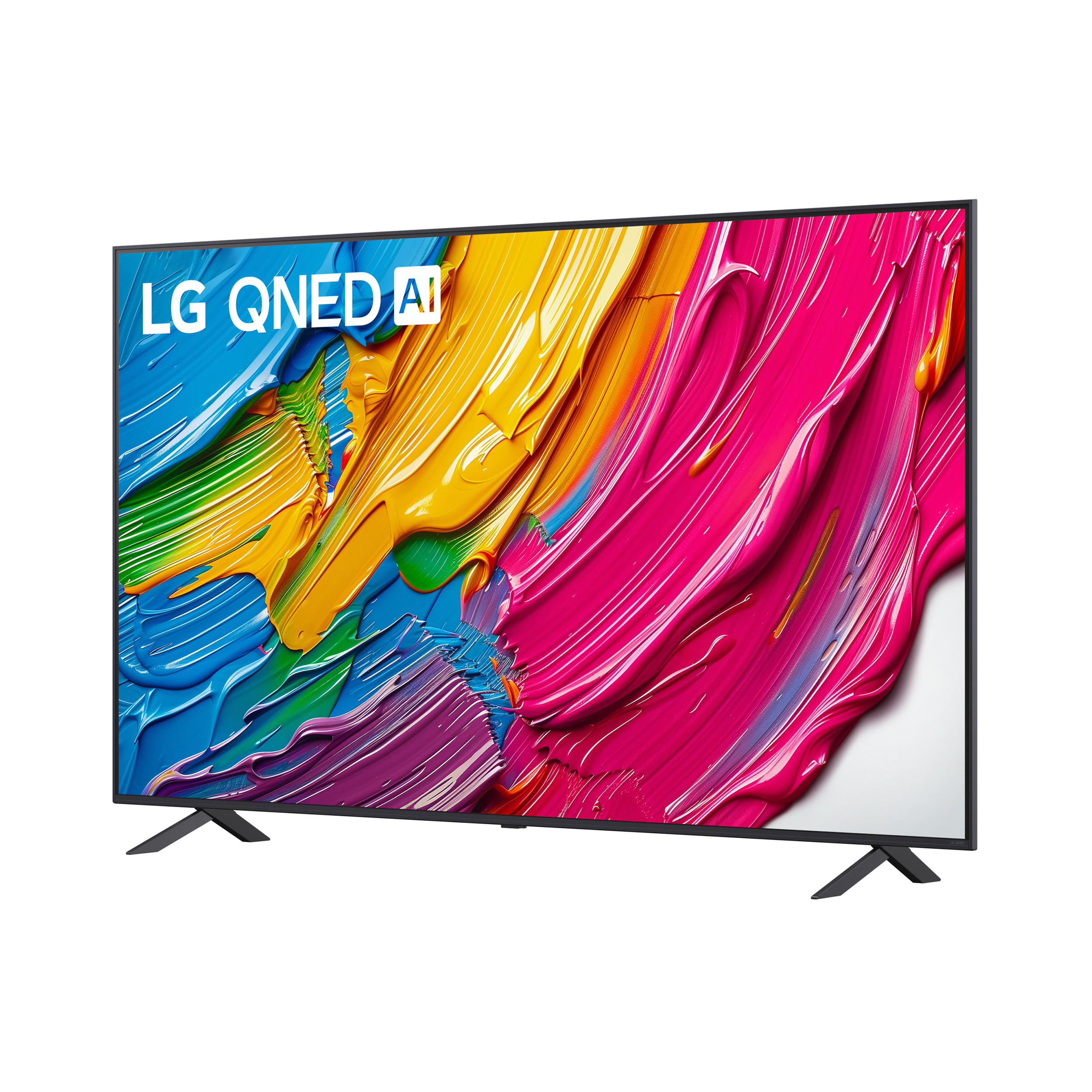 Telewizor LG QNED AI z kolorowym, abstrakcyjnym wygaszaczem ekranu.