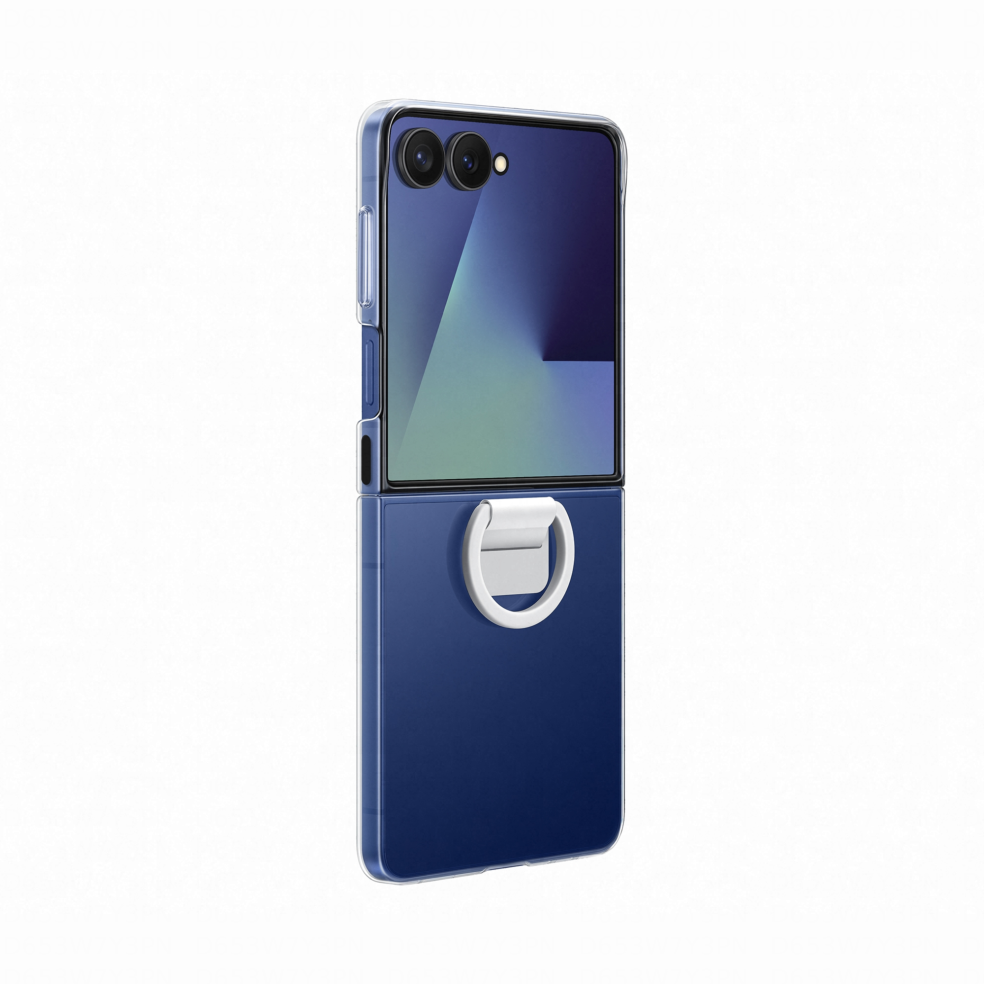Ein blaues Flip-Handy mit einem weißen Ringgriff auf der Rückseite.