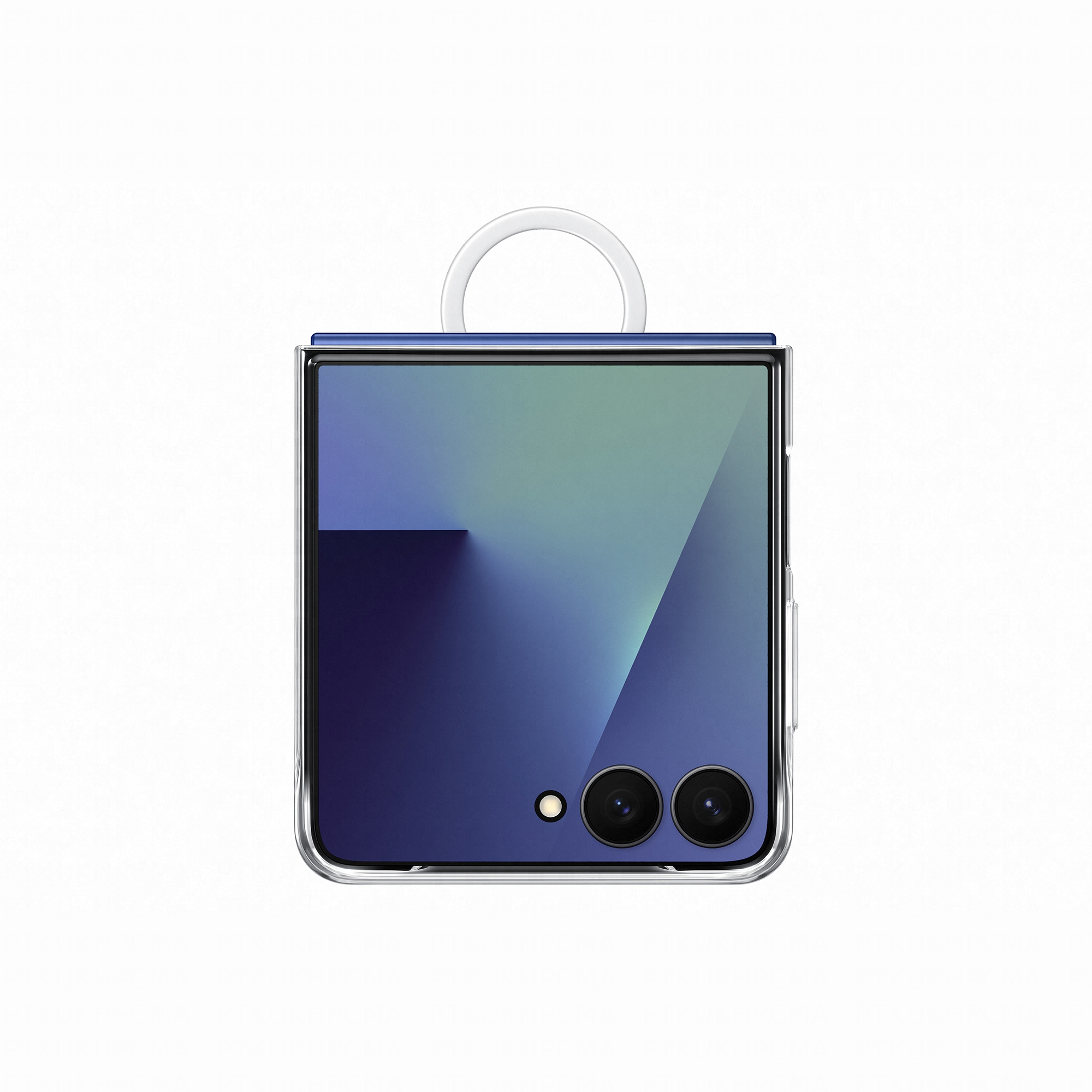 Ein geschlossenes blaues Smartphone mit einem weißen Ring, das auf einem weißen Hintergrund liegt.
