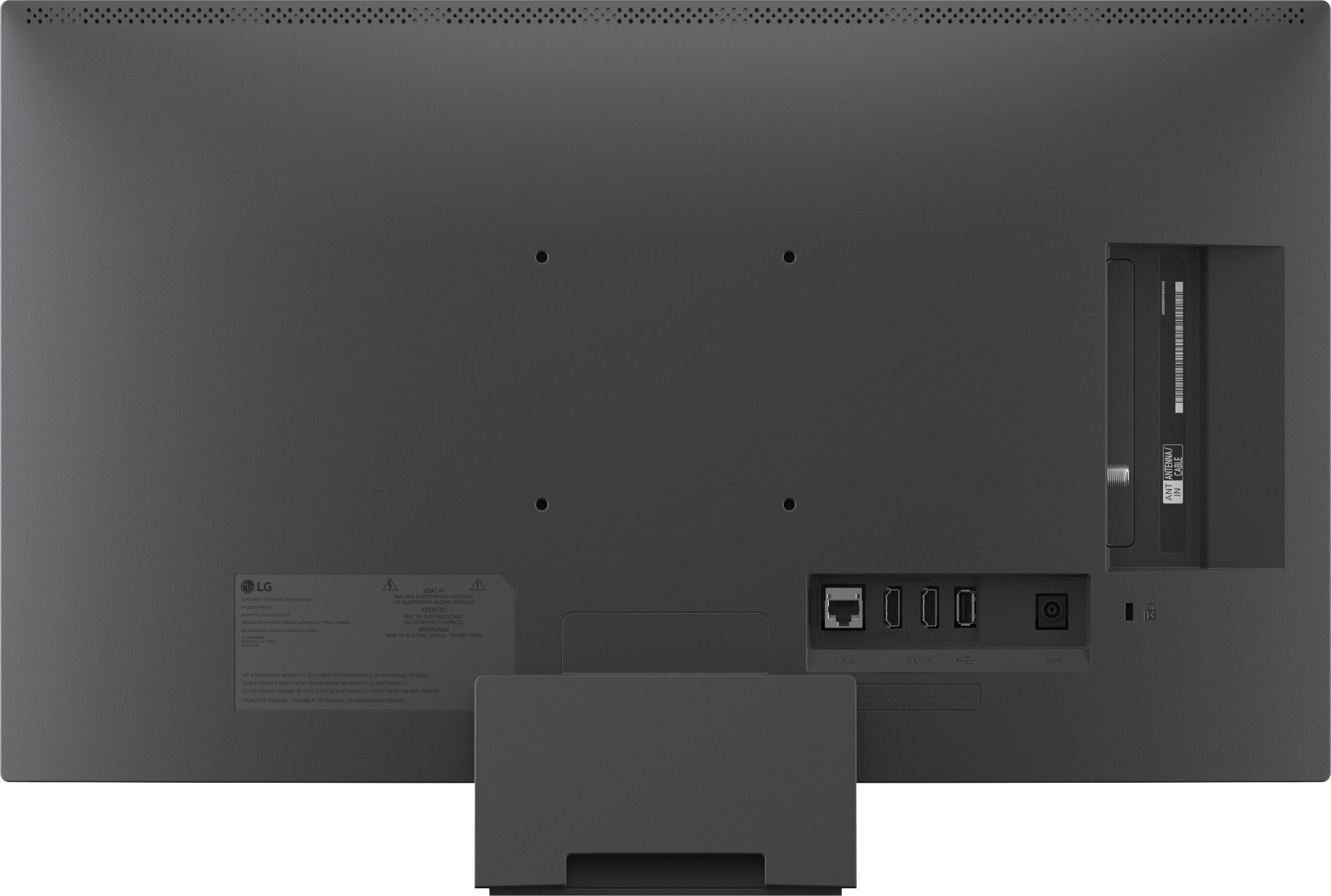 Rückseite eines schwarzen Fernsehers mit Anschlüssen: LAN, HDMI, USB und Antenne.