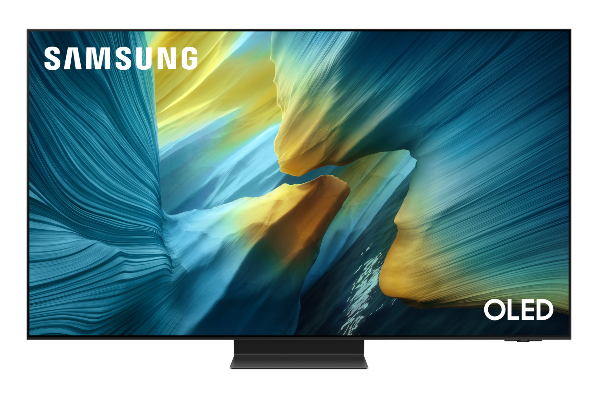 Telewizor Samsung OLED z abstrakcyjnym, płynnym tłem w kolorach niebieskiego i żółtego.