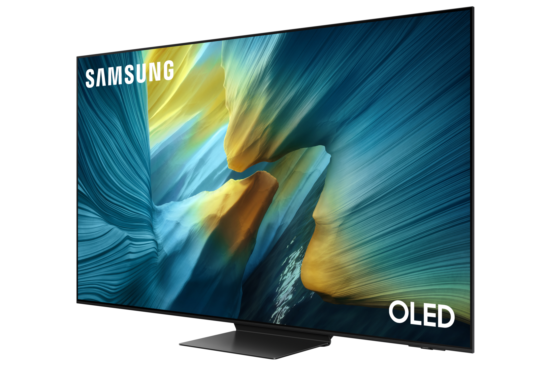 Telewizor Samsung OLED wyświetla żywy, abstrakcyjny obraz w odcieniach niebieskiego i żółtego, z logo Samsung po lewej i OLED po prawej.