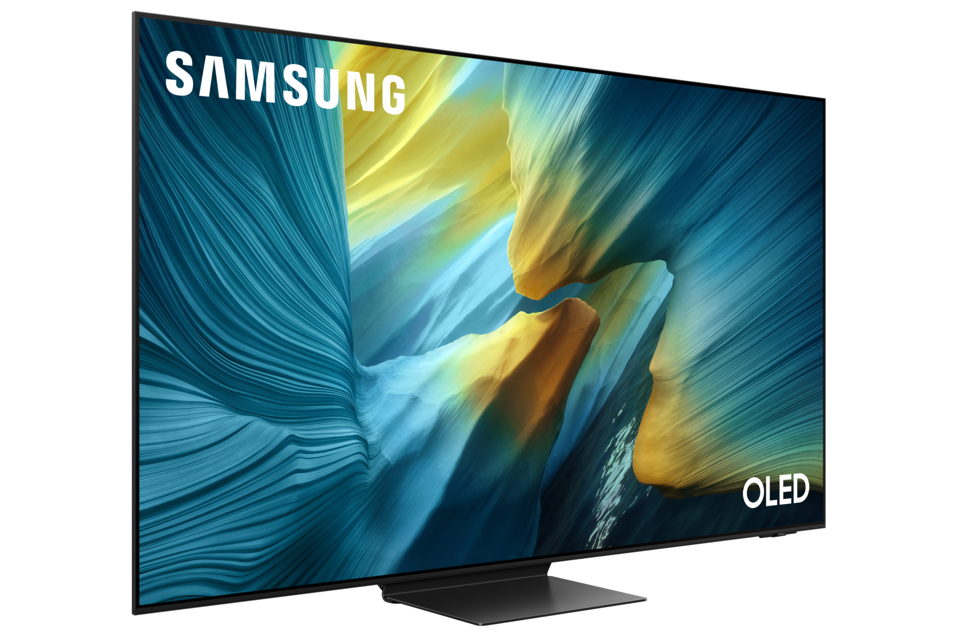 Telewizor Samsung OLED wyświetlający abstrakcyjne niebiesko-żółte tło.
