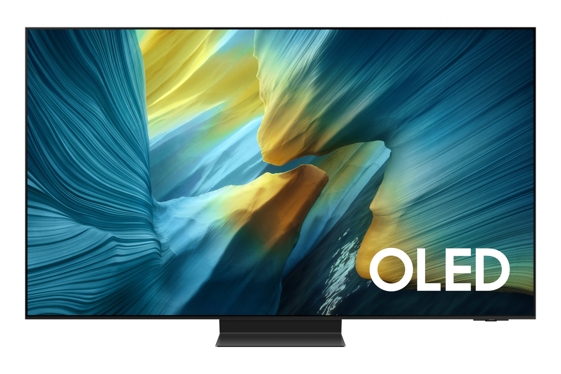 Nowoczesny telewizor OLED z abstrakcyjnym niebiesko-żółtym tłem i elegancką podstawą.