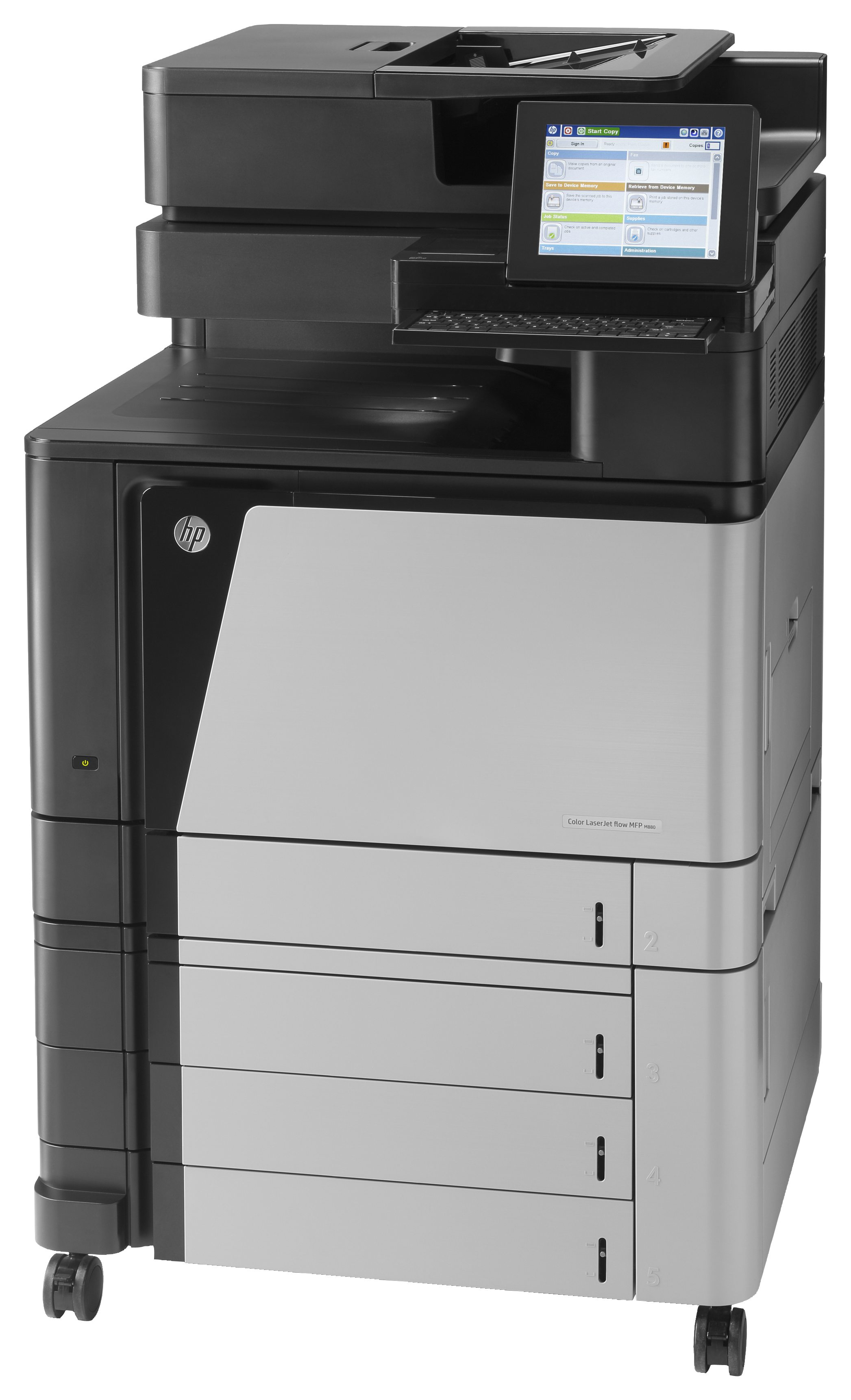 Ein schwarzer und silberner HP Color LaserJet MFP M880 Drucker mit Touchscreen.