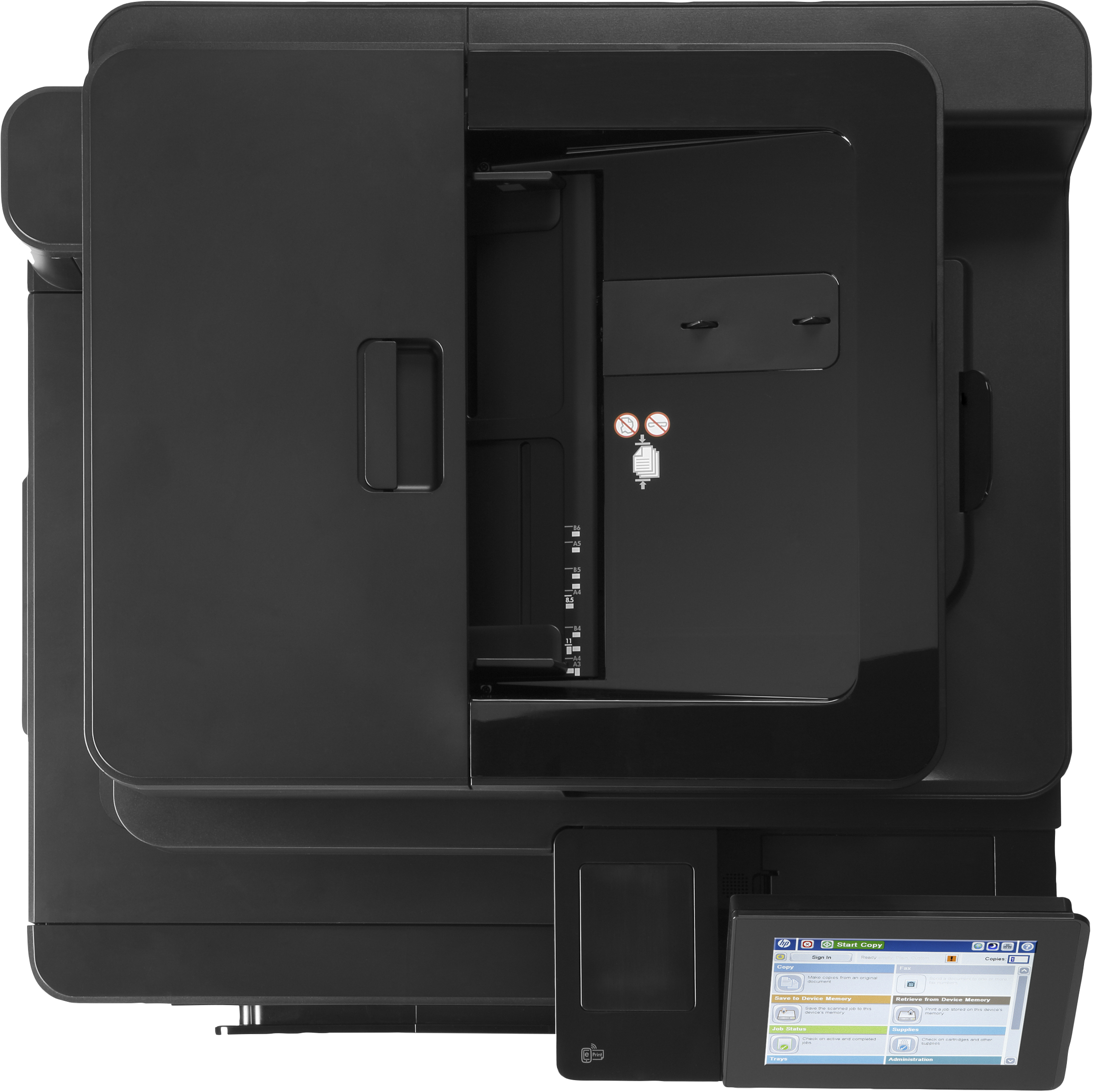 Ein schwarzer Drucker mit Touchscreen-Display, das Kopieroptionen anzeigt.